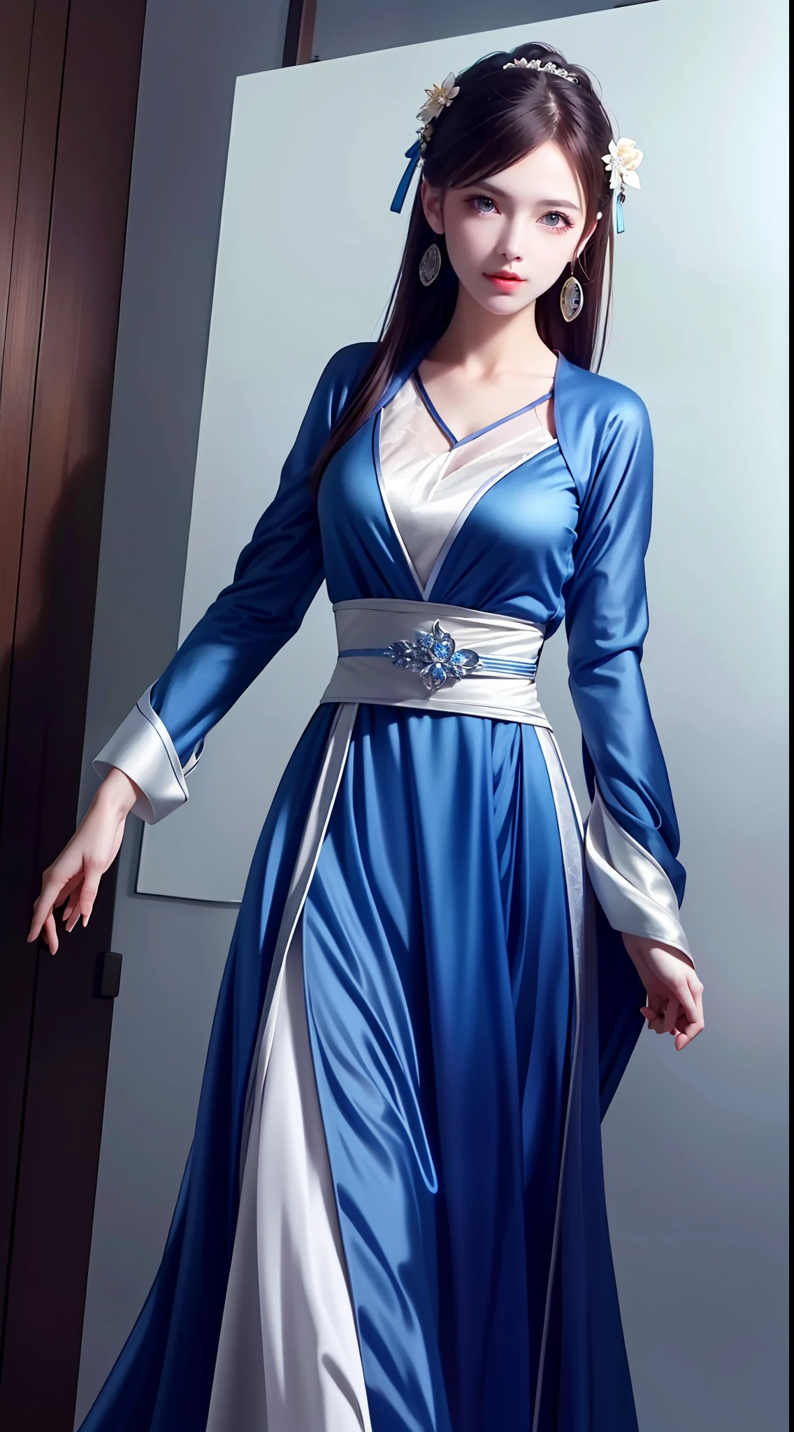 Hanfu, National Style 3.2, Full Body, Walking Posture, Slow Motion, Men Wear Full Body Multi-layered (Heavy Robe: 1.2), (Blue Ice Flower Long Dress: 1.2), Gloves, (Very Detailed, Bloom: 1.5), (Highest Quality, Alessandro Casagrande, Greg Rutkowski, Sally Mann, Concept Art, 4k), (Analog: 1.2), (High Definition), (Detail Pupil: 1.1), (Painting: 1.1), (Digital Painting: 1.1), Detailed Face and Eyes, Masterpiece, Best Quality, (Highly Detailed Photo: 1.1), 8K, Realistic, (Ice Hair Color, Dynamic Hairstyle), (pureerosface_v1:0.1), Jeremy Mann, Sandra Chevrier, Maciej Kuciara, Sharp, (torn body: 1.1), realistic, realistic shadows, (ice background: 1.2), (Michelangelo), ohwx style<lora: (style of ohwx) masterpiece, best quality, (extremely detailed CG unity 8k wallpaper, masterpiece, best quality, ultra-detailed, best shadow), (detailed background), (beautiful detailed face, beautiful detailed eyes), High contrast, (best illumination, an extremely delicate and beautiful), (girl:1.5), ((Not relevant)), ((caustic)), dynamic angle, beautiful detailed glow, (portrait:0.2),dynamic angle, beautiful detailed glow, (portrait:0.2),pigtail,full body,