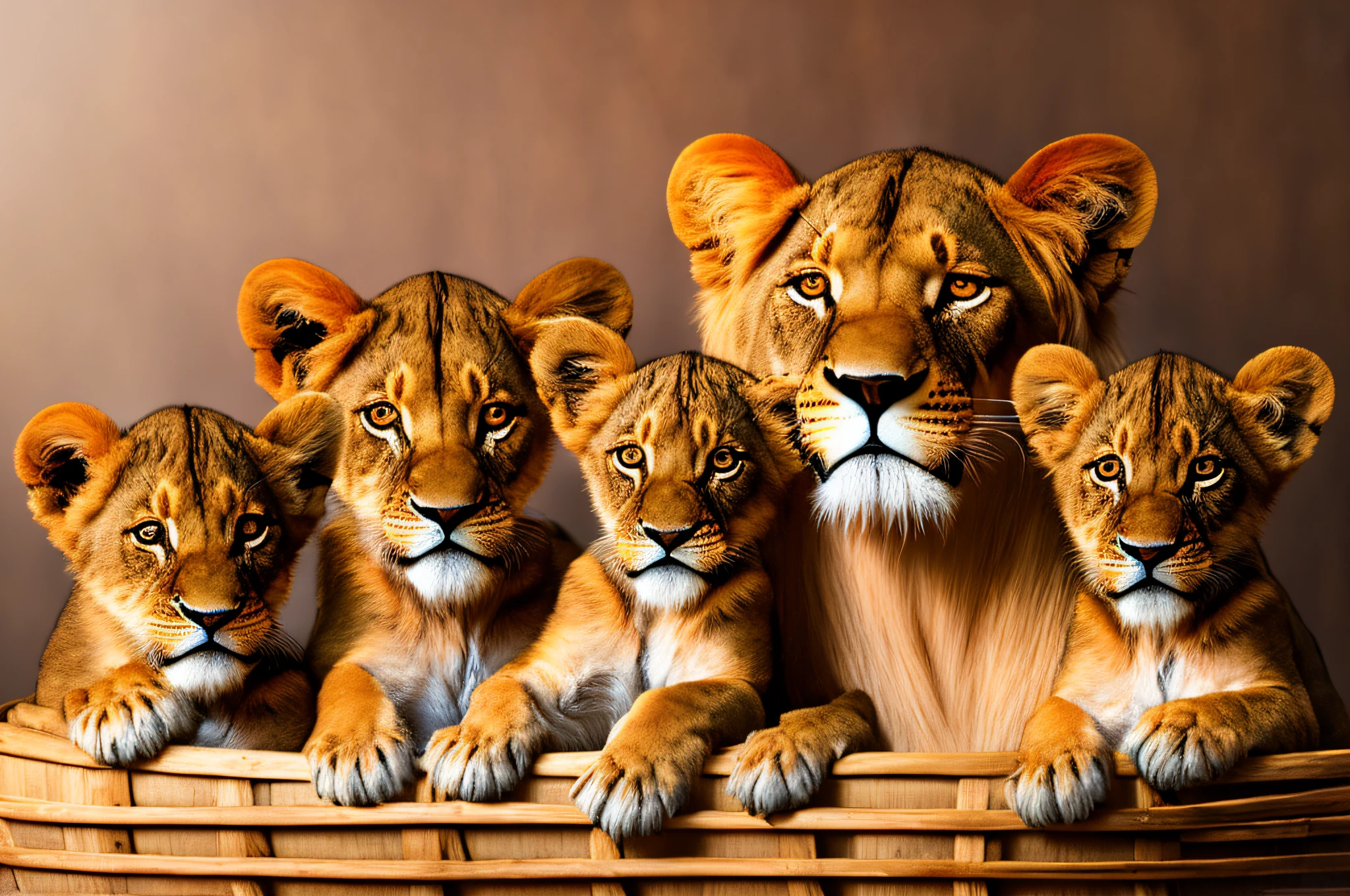 A family of lions and their cubs A cute lion cub in a comfortable, photoreal wooden basket, photographed using the Sony A7RIII camera, photography