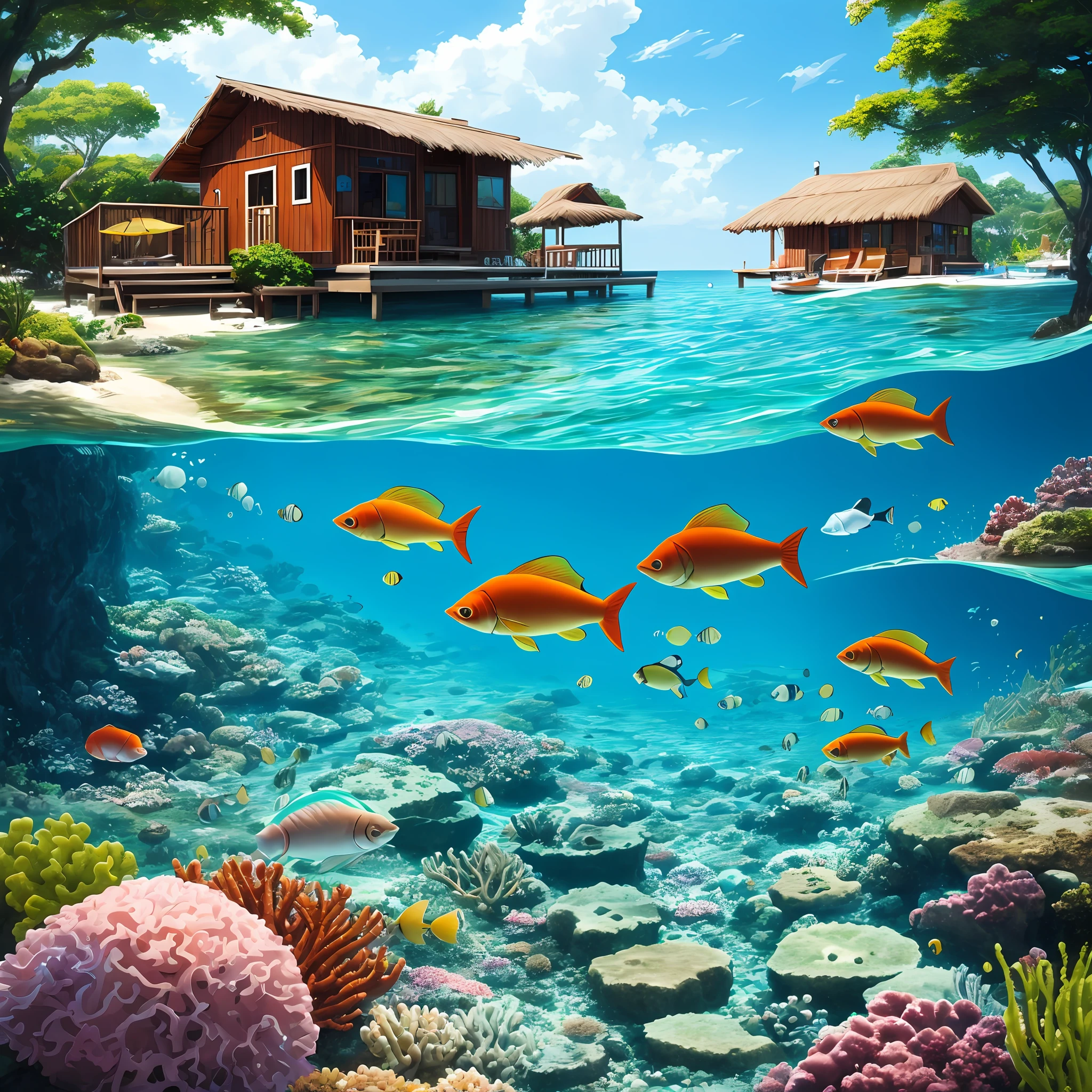 Sea, floating cottages, fine weather, clear seabed, bikinis, scuba diving, lots of colorful small fish, anime, illustration, portrait, animification, high resolution, highest quality, super high quality, super detail, ultra realistic, photorealistic --auto