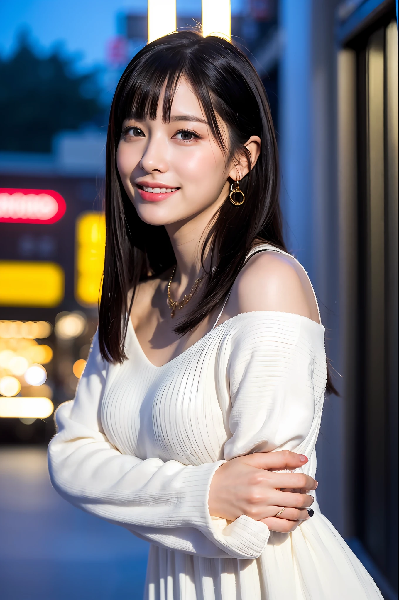 (8K、RAW Photography、maximum quality、A Masterpiece:1.2)、ultra- detailed、hyper high resolution、
(Real、Realistic Photos:1.37)、High detail RAW color photo、professional photo、
extremely delicate and beautiful、highly detailed 8k wallpaper、astonishing、small details、huge filesize、offical arts、Highly detailed CG Unity 8K wallpaper、
Very detailed beautiful girl、highly detailed faces、extremely detailed eyes、very detailed skin、extremely detailed finger、Very detailed nose、Highly detailed mouth、perfect antomy、extremely detailed background、Highly detailed clothing、
a 1girl、(18 years:1.2)、10 generations、cute girl、Idols of famous Japan、kawaii、
(small breasts:1.2), Realistic body, short,
Fair skin、shinny skin、Slender Figure、Good figure、
dark black hair、long straight hair、(blunt bangs:1.2)、
a smiling look、cuddly、Young、Cute face、Baby face、Realistic face、
Beautiful and detailed eyes、drooping eyes、Beautiful big eyes、Big black eyes、Beautiful and clear eyes、
(White dress:1.2)、sleeved、skirt、necklaces、earings、
If you look at the viewer、Cowboy-shot、frontal view、Standing posture、Contrapo、
out door、(night:1.2)、Neon City、neon light、neon signs、public、Crowd、
Dynamic Lighting、Front lighting、Bustling street、Beautiful scenery、photos、Best image quality、Shibuya。