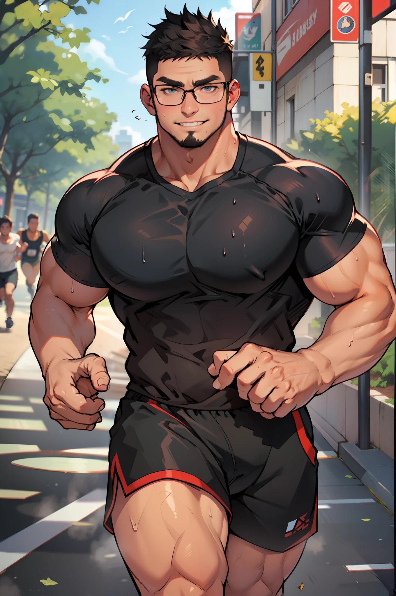 4k, masterpiece, high resolution:1.2, 1 man, 42 year old, solo, bara, muscular!!!, really tall, big physique (beast), crew cut hair, facial hair, black hair, cute smile, friendly, running in a park, wearing red running shorts, wearing a big black tank top, sweaty body, wearing glasses, ultra detailed, flat style