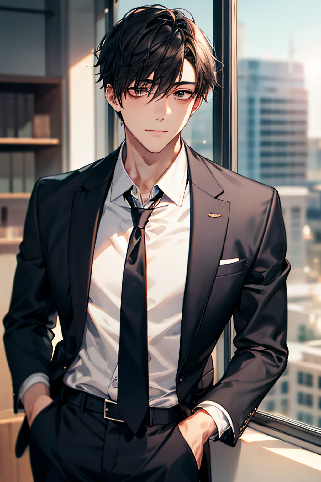 1boy, face focus, adult, business suit, jacket, white shirt, necktie, pants, best quality, hires, detailed face, office, buildings from window, detailed background, diffused sunlight, depth of field, bokeh