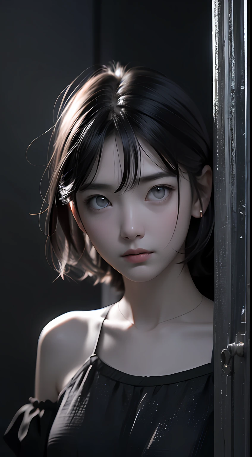 Unhealthy、disease、mental health、Photoreal、spotlight、Beauty girl、Standing Girl、monochrome、Pitch Black Darkness、night