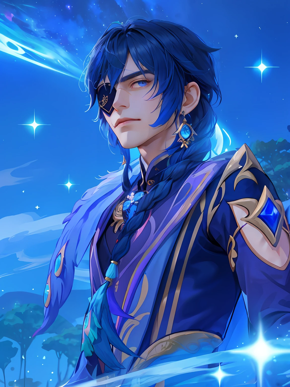 there is a man in a blue and white ornate oriental indian persian outfit standing in a field of giant flowers, lunar themed attire, clothes themed on a peacock mage, genshin impact character, genshin impact style, regal dark blue clothes, kaeya from genshin impact, multilayered outfit, azure cape, intricate outfit, dark blue hair with a braid on the side, eyepatch, blue eye, dark tan skin, dark blue top jacket with big sleeves, golden accessories and ornaments, peacock feathers, rings and earring, at night with stars and galaxies on the sky, light blue fractal swirls, sparkles and glow