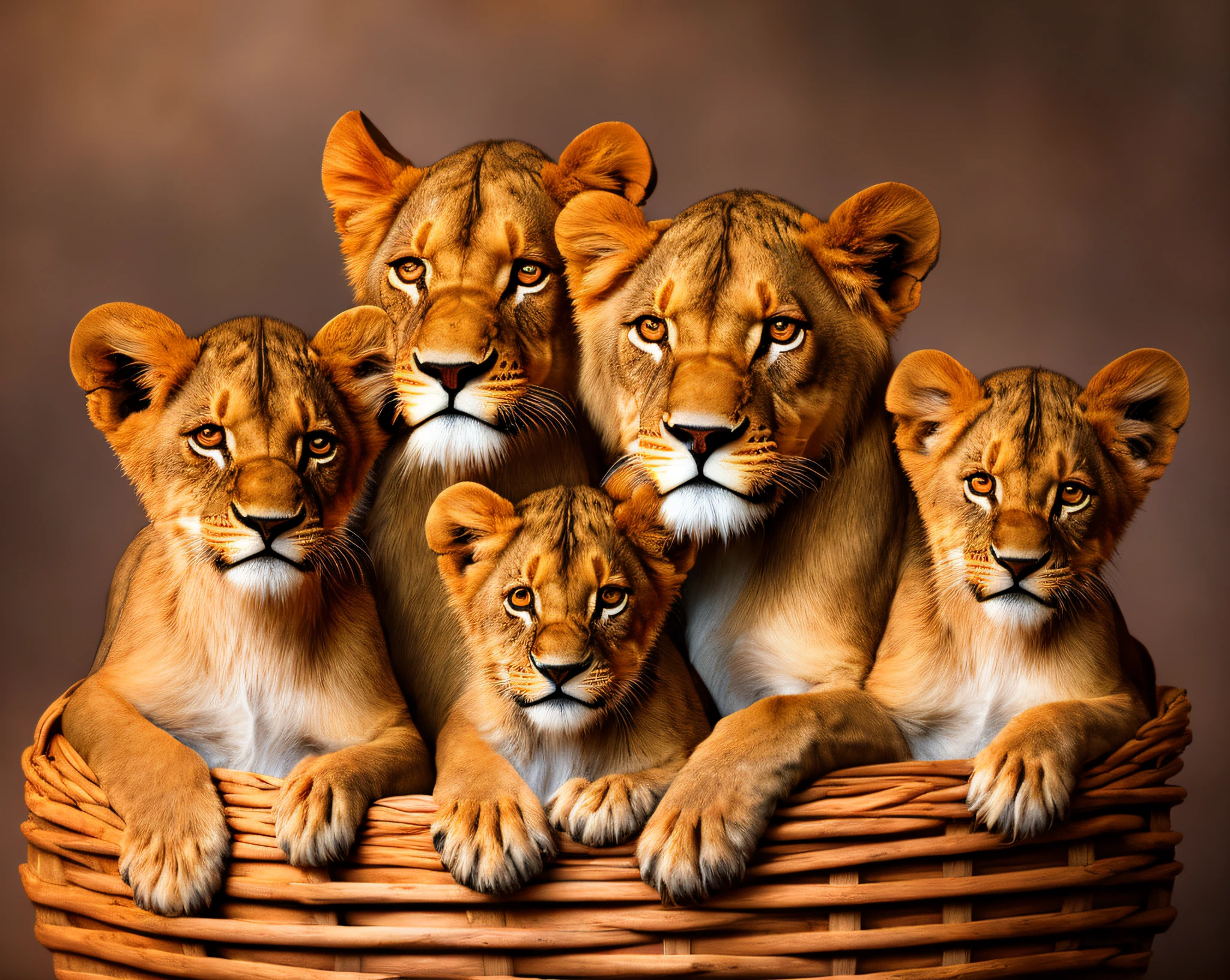 A family of lions and their cubs A cute lion cub in a comfortable, photoreal wooden basket, photographed using the Sony A7RIII camera, photography