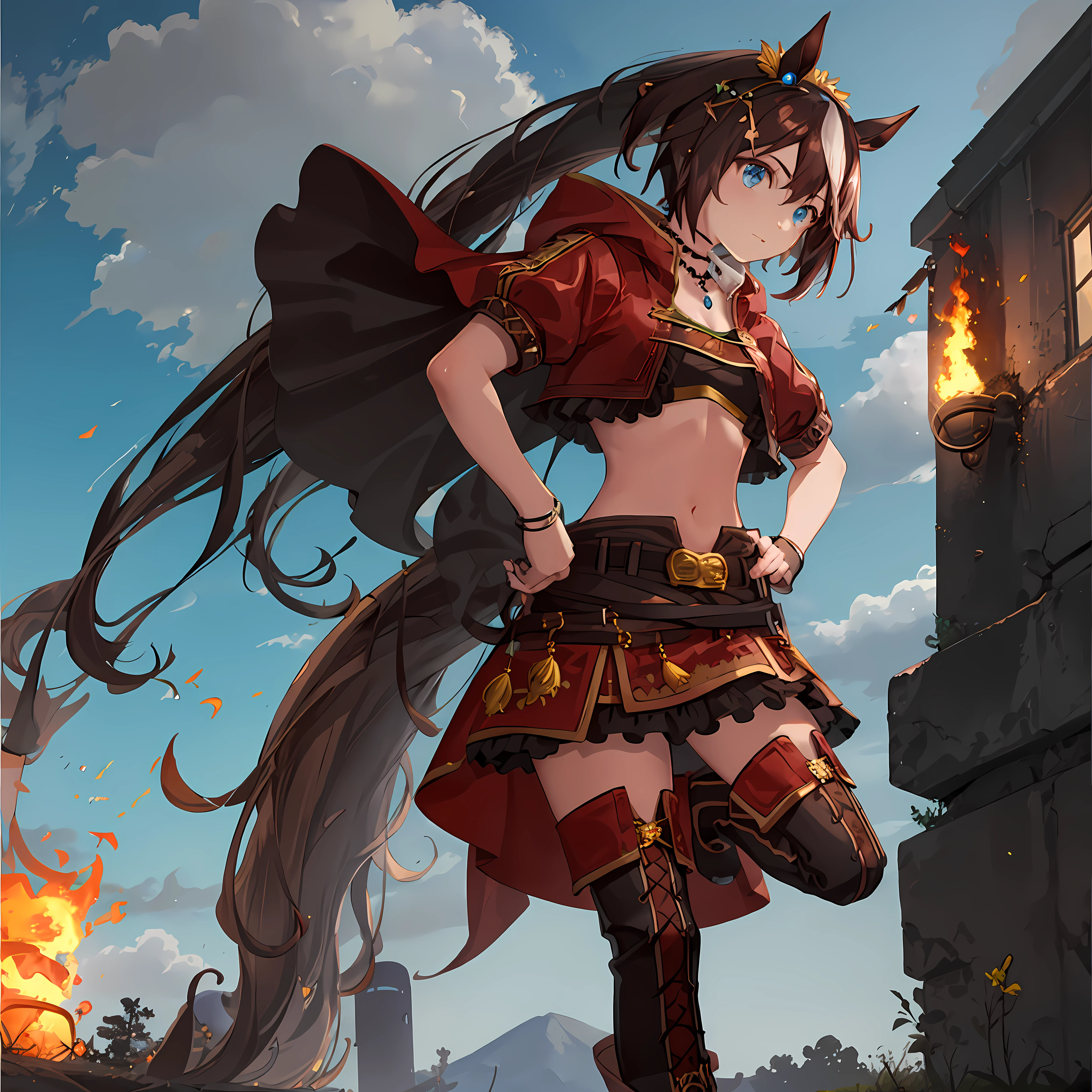 ((masterpiece, best quality)),1girl,Tokai Teio,Tokai Teio(horizon),horse ears,horse girl,brown hair,long hair,high ponytail,streaked_hair,multicolored_hair,blue eyes,jacket,cropped jacket,crop top,midriff,fingerless gloves,short sleeves,navel,skirt,belt,cape,jewelry,frills,hair ornament,hood down,necklace,thighhighs,boots,official_alternate_costume ,hands on hips, outdoors, flying flames,on ground,hill,sunrise, from below,