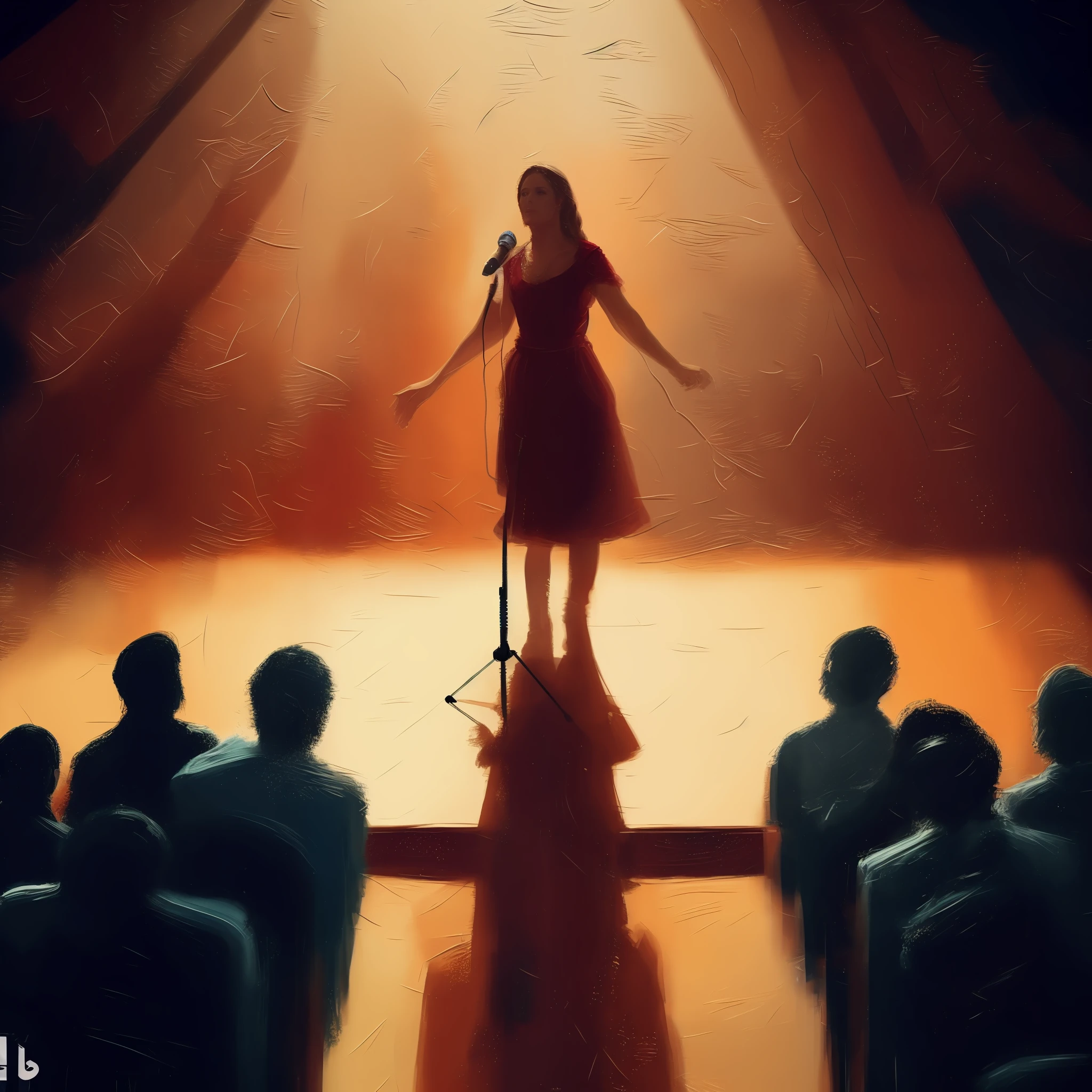 a woman on a stage with a microphone with shadows of people watching him renaissance painting style, renaissance painting art style