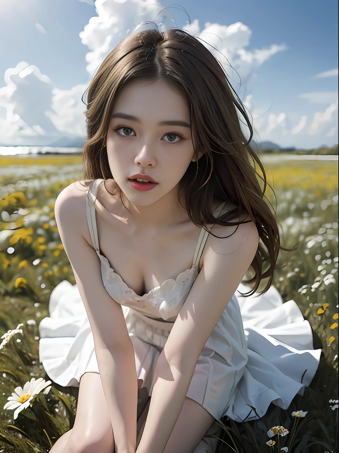 best qality,Jeizuo,super high resolution,(Realism:1.4),Blue sky and white clouds,A sea of green grass and flowers,Original photo,24-year-old sexy model,pretty face,Charming eyes,Slim figure,Long hair fluttering in the wind,White transparent gauze garment,White transparent skirt,Messy tops,Half-exposed chest,The shoulder straps slip off,Sexy legs,A skirt that flutters in the wind,Sit on the grass,Warm colors,Dark tones,A bottom-up perspective,incredibly detailed,Super detailed