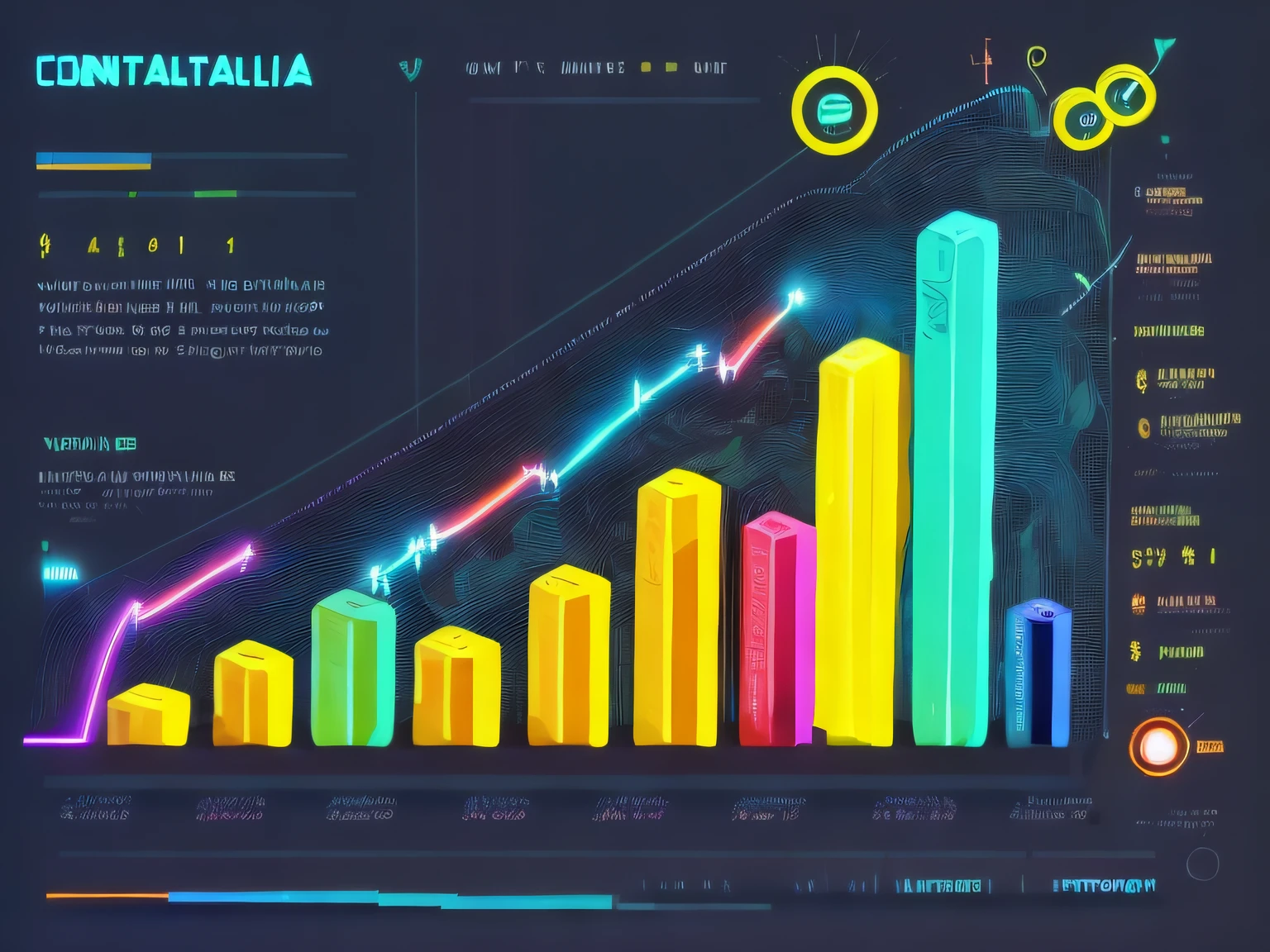 an illustration of finance charts, contabilidade, linhas, numbers, dinheiro, cores neon por Kilian Eng