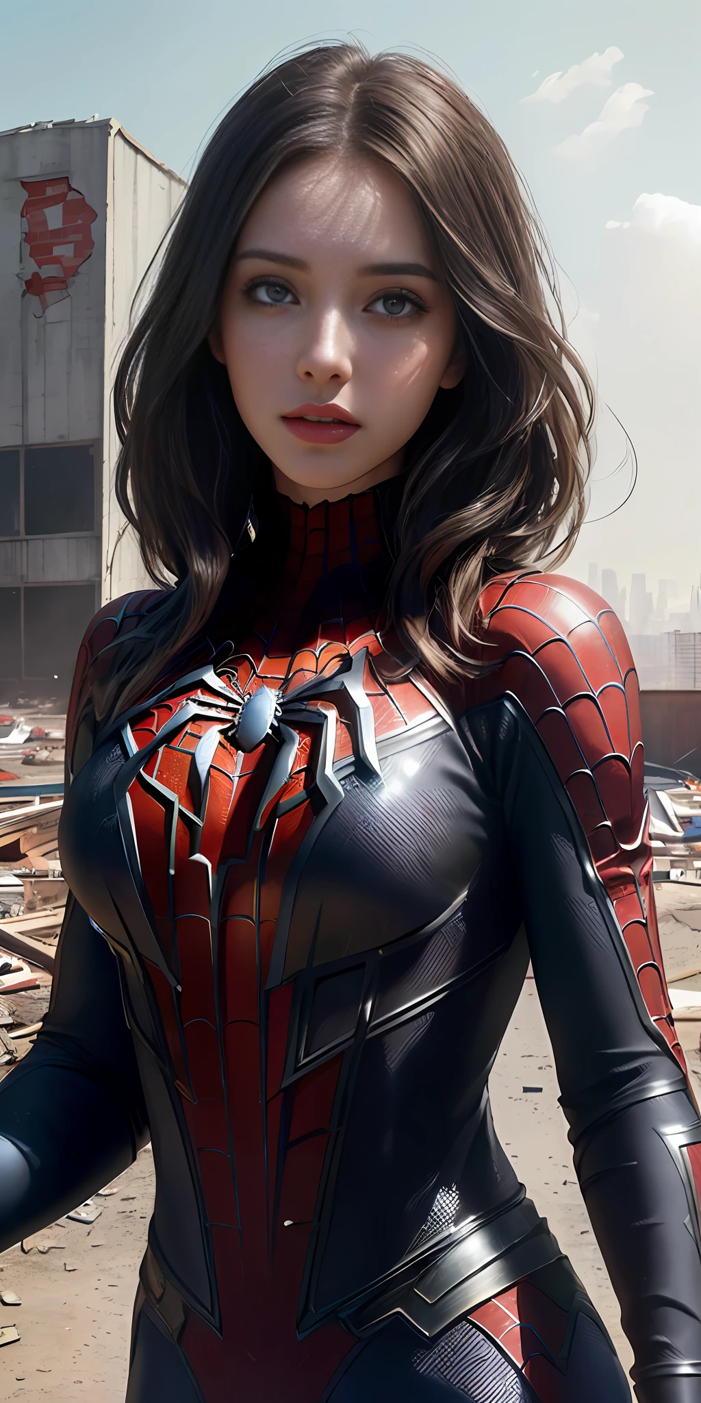 (1girl:1.3), solo, (((extremely detailed face))),(((extremely detailed eyes and face))),beautiful detailed eyes,body-parts__, official art, unified 8k wallpaper, super detailed, beautiful and aesthetic, beautiful, masterpiece, best quality, raw, masterpiece, super fine photo, best quality, super high resolution, photorealistic realism, sunlight, full body portrait, amazing beauty,, dynamic pose, delicate face, vibrant eyes, (from the front), she is wearing a Spider-man suit, red and black color scheme, spider, very detailed abandoned warehouse background, Detailed face, detailed complex busy background, messy, gorgeous, milky white, highly detailed skin, realistic skin details, visible pores, sharp focus, volumetric fog, 8k uhd, DSLR, high quality, film grain, fair skin, photo realism, lomography, huge metropolis in future dystopia, seen from below, translucent