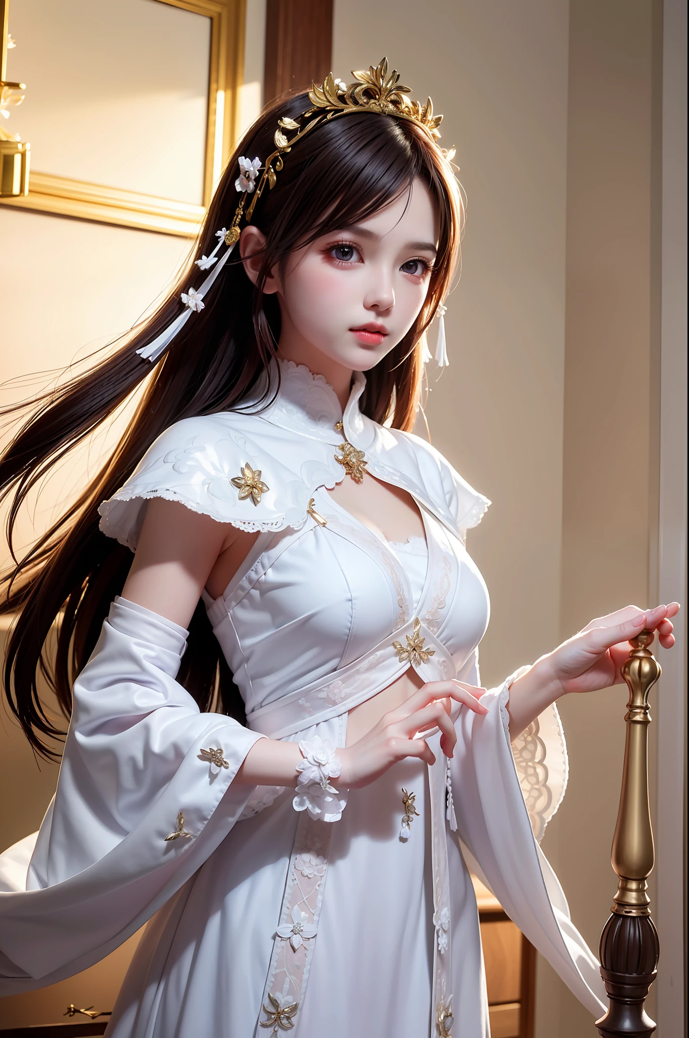 ((Masterpiece))), ((Best quality))), ((Ultra detail)), (an ultra realistic), (High Definition CG Illustration), cinematic light, Photorealistic,Very Beautiful Lady,12 Year OldLight makeup, Intricate Details EABA, White Intricate Lace Cloak, Dynamic pose, Spear