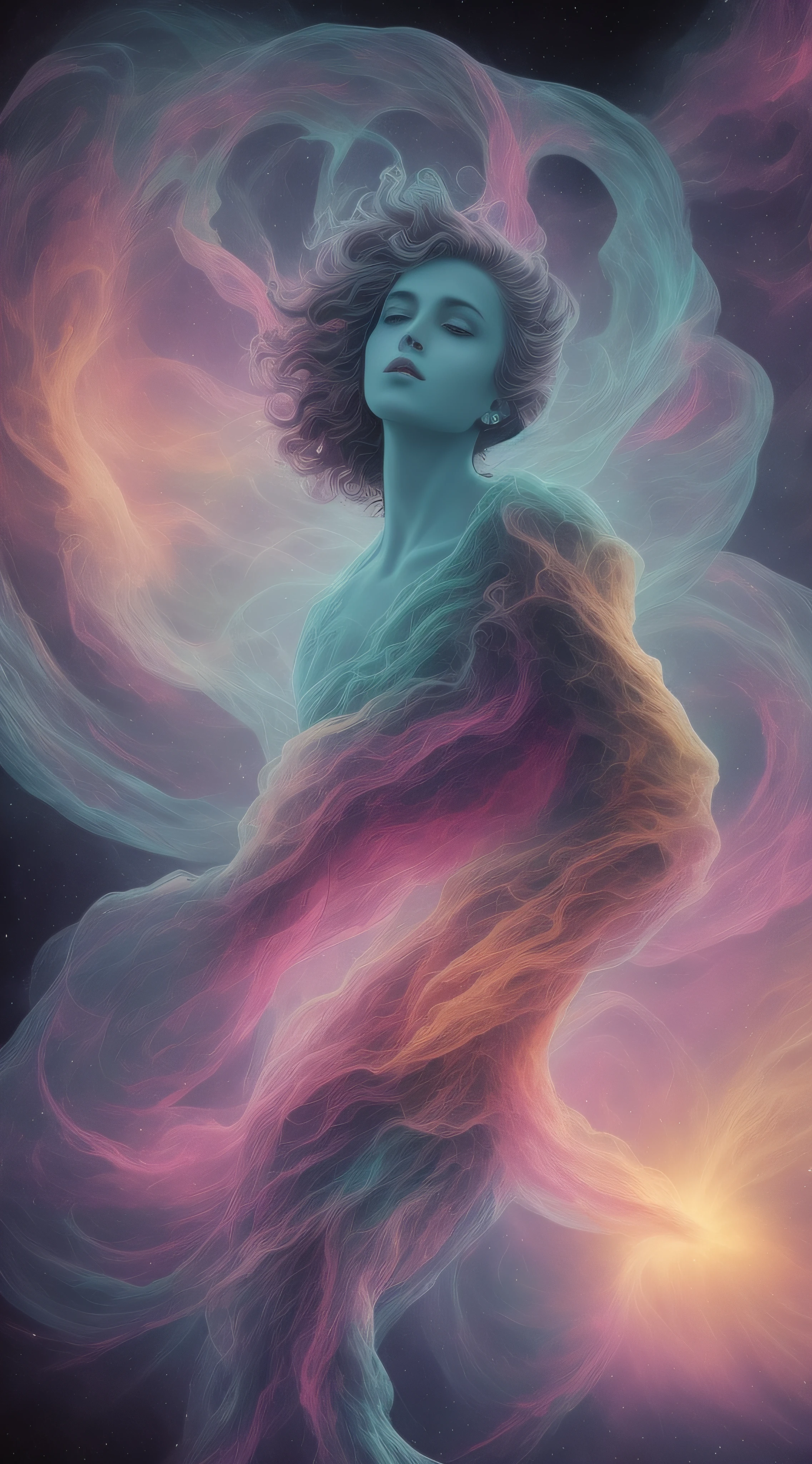 inconceivable and spectacular a scene of emergence of a figure from the glowing cloud, fractal nebula threads, cosmic entities, celestial, cosmic, vibrant and vivid, swirls, twirling, unrealistic, high contrast, symobolism, magical, mystical, mystifying, hyperrealistic, oversaturate, colorfully