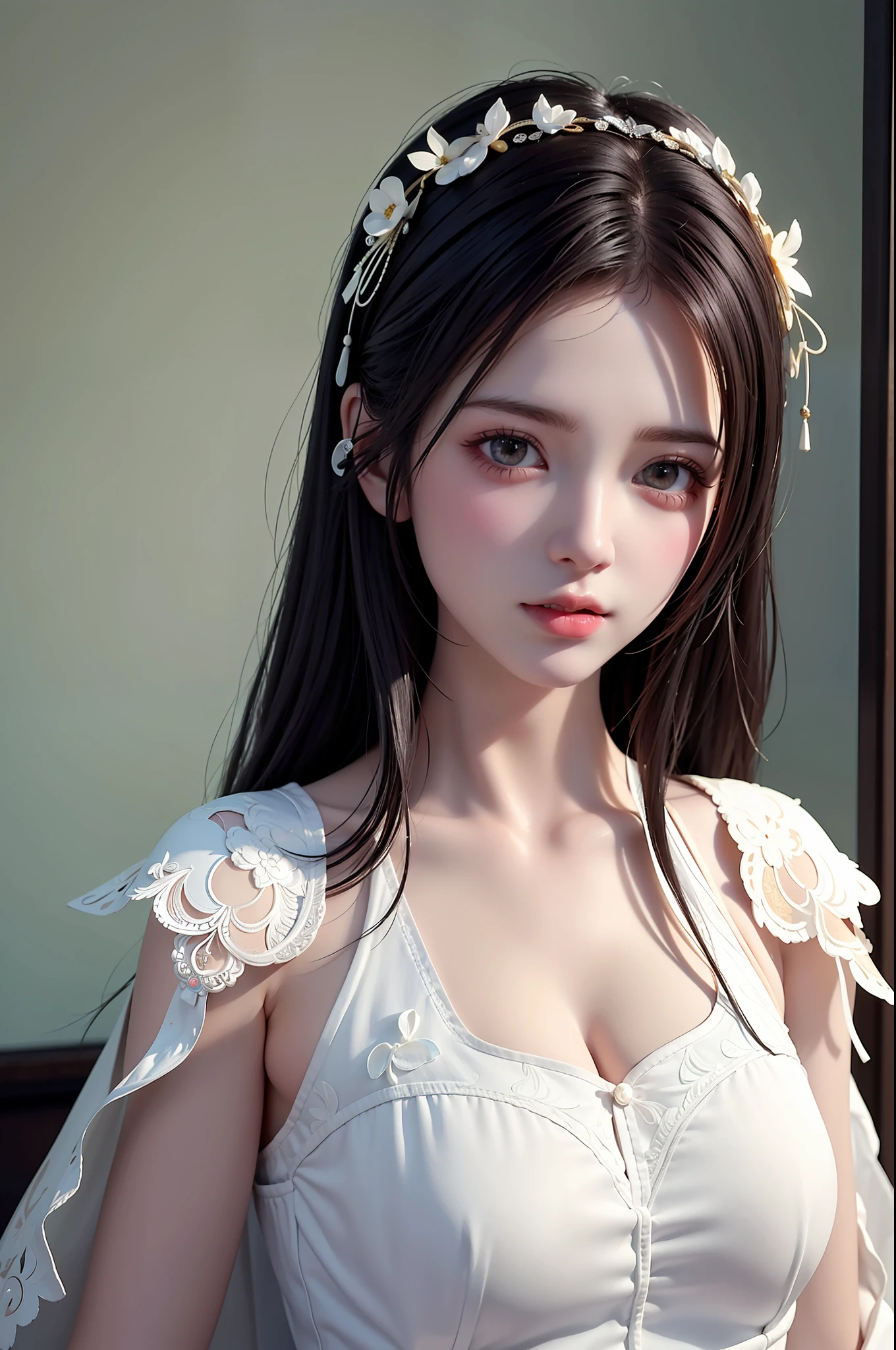 ((Masterpiece))), ((Best quality))), ((Ultra detail)), (an ultra realistic), (High Definition CG Illustration), cinematic light, Photorealistic,Very Beautiful Lady,12 Year OldLight makeup, Intricate Details EABA, White Intricate Lace Cloak, Dynamic pose, Spear