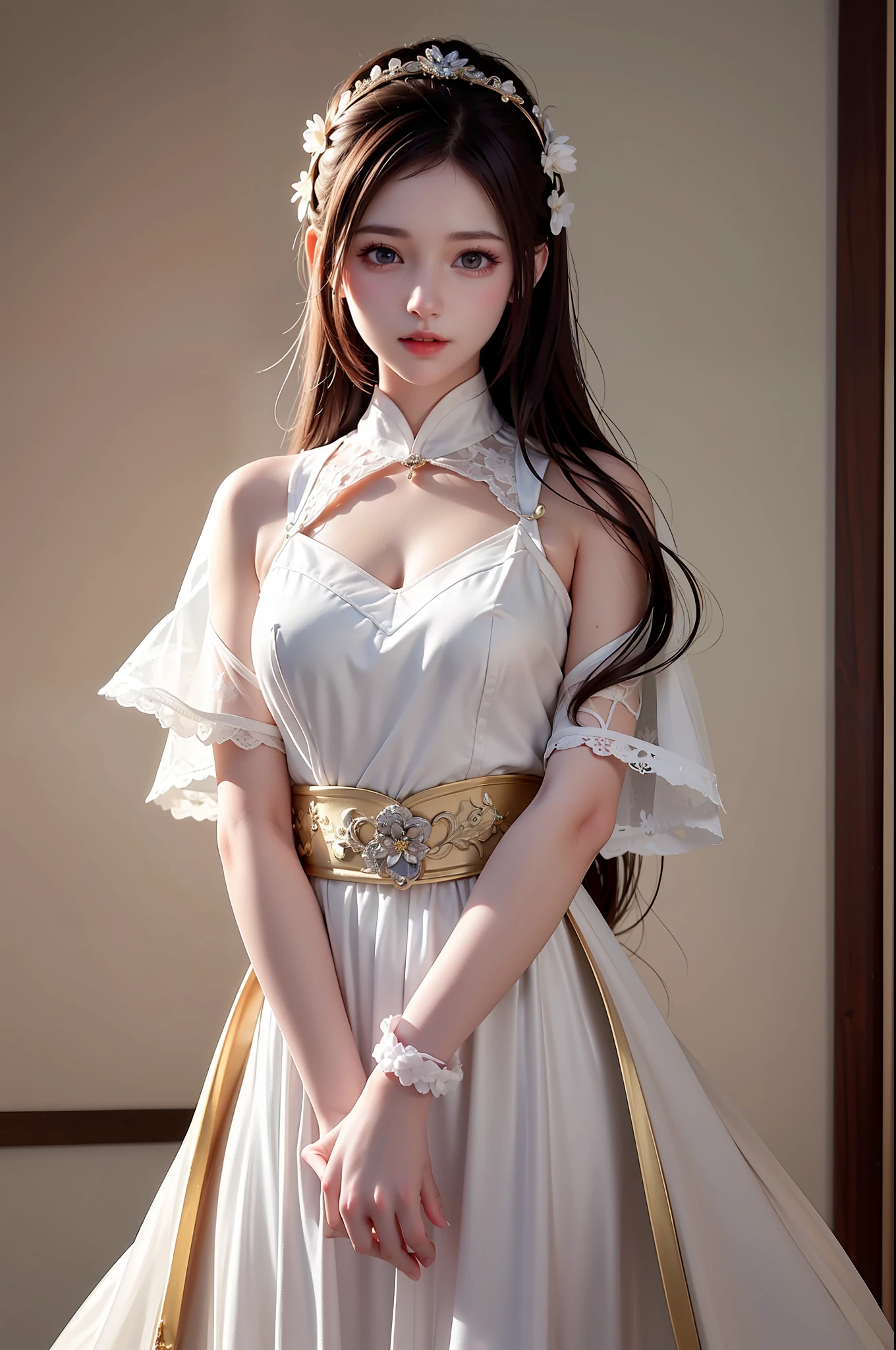 ((Masterpiece))), ((Best quality))), ((Ultra detail)), (an ultra realistic), (High Definition CG Illustration), cinematic light, Photorealistic,Very Beautiful 12 Year Old Lady,12 Year Old Daughter, Light makeup, Intricate Details EABA, White Intricate Lace Cloak, Dynamic pose, Spear