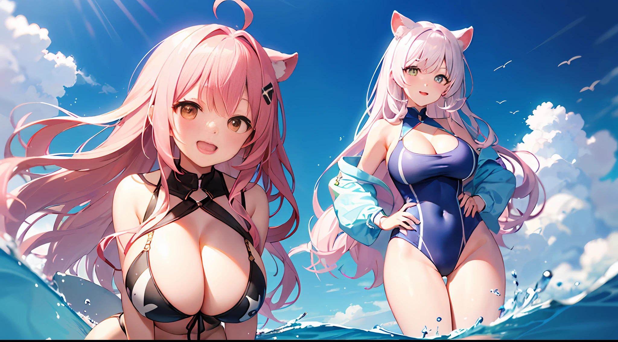 （（MasterPiece、The Highest Quality））、（1人）、pale pink hair、（OL））、bangs、gigantic Boobs、（full breasts）、that are about to fall to zero、slimness、smilling face、【Wide Hips】、Exterior、Standing、a be\（blue archive）、Tanuki ears、cleavage of the breast、swimsuits