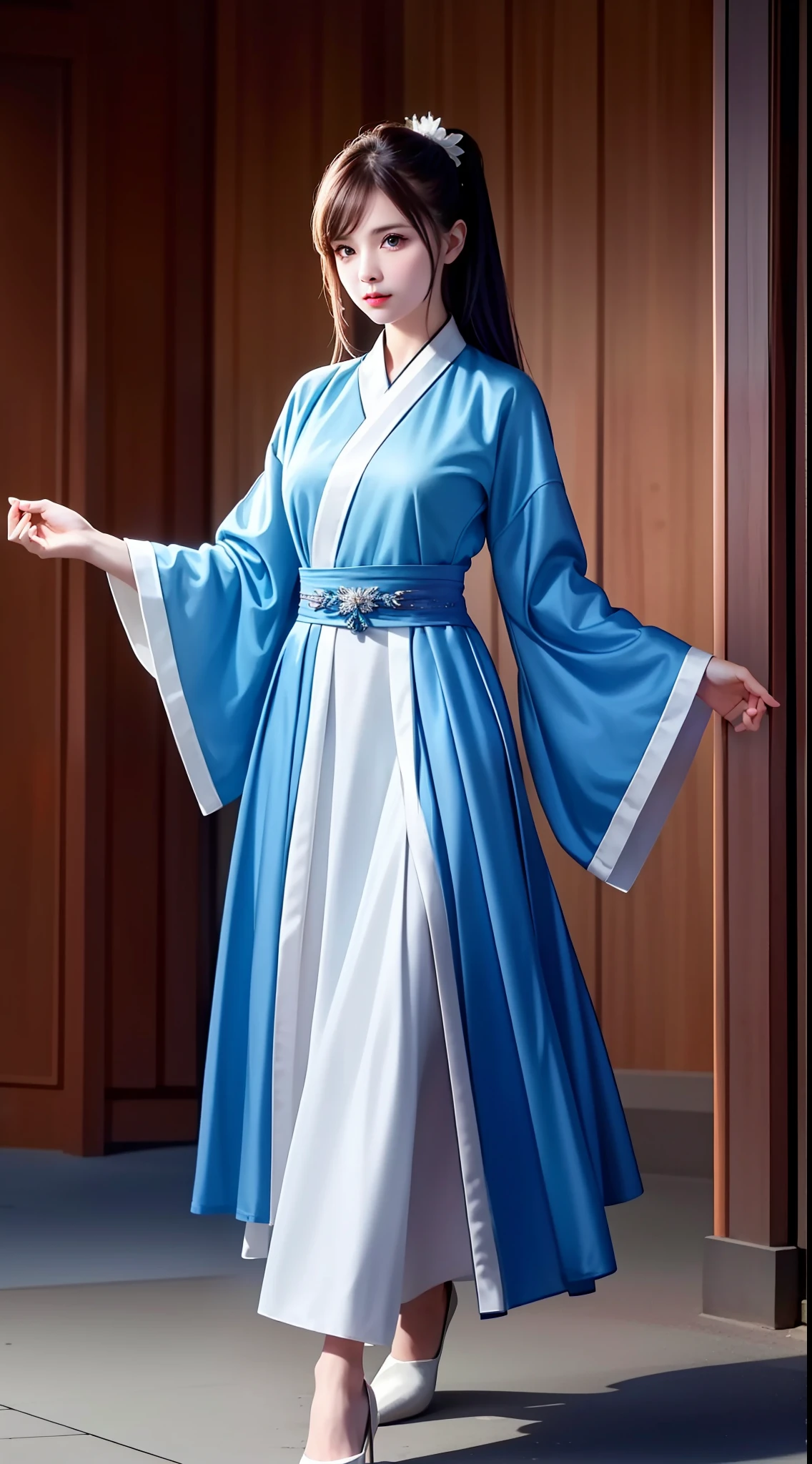 Hanfu, National Style 3.2, Full Body, Walking Posture, Slow Motion, Men Wear Full Body Multi-layered (Heavy Robe: 1.2), (Blue Ice Flower Long Dress: 1.2), Gloves, (Very Detailed, Bloom: 1.5), (Highest Quality, Alessandro Casagrande, Greg Rutkowski, Sally Mann, Concept Art, 4k), (Analog: 1.2), (High Definition), (Detail Pupil: 1.1), (Painting: 1.1), (Digital Painting: 1.1), Detailed Face and Eyes, Masterpiece, Best Quality, (Highly Detailed Photo: 1.1), 8K, Realistic, (Ice Hair Color, Dynamic Hairstyle), (pureerosface_v1:0.1), Jeremy Mann, Sandra Chevrier, Maciej Kuciara, Sharp, (torn body: 1.1), realistic, realistic shadows, (ice background: 1.2), (Michelangelo), ohwx style<lora: (style of ohwx) masterpiece, best quality, (extremely detailed CG unity 8k wallpaper, masterpiece, best quality, ultra-detailed, best shadow), (detailed background), (beautiful detailed face, beautiful detailed eyes), High contrast, (best illumination, an extremely delicate and beautiful), (girl:1.5), ((Not relevant)), ((caustic)), dynamic angle, beautiful detailed glow, (portrait:0.2),dynamic angle, beautiful detailed glow, (portrait:0.2),pigtail,full body,