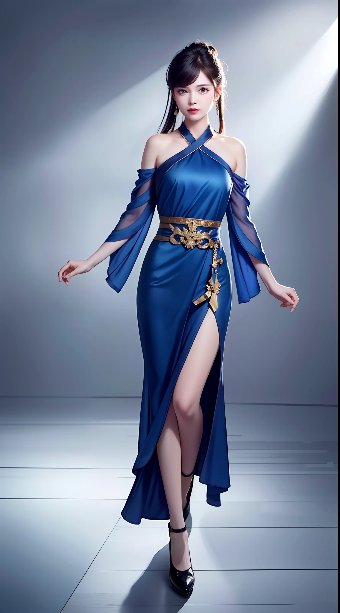 Hanfu, National Style 3.2, Full Body, Walking Posture, Slow Motion, Men Wear Full Body Multi-layered (Heavy Robe: 1.2), (Blue Ice Flower Long Dress: 1.2), Gloves, (Very Detailed, Bloom: 1.5), (Highest Quality, Alessandro Casagrande, Greg Rutkowski, Sally Mann, Concept Art, 4k), (Analog: 1.2), (High Definition), (Detail Pupil: 1.1), (Painting: 1.1), (Digital Painting: 1.1), Detailed Face and Eyes, Masterpiece, Best Quality, (Highly Detailed Photo: 1.1), 8K, Realistic, (Ice Hair Color, Dynamic Hairstyle), (pureerosface_v1:0.1), Jeremy Mann, Sandra Chevrier, Maciej Kuciara, Sharp, (torn body: 1.1), realistic, realistic shadows, (ice background: 1.2), (Michelangelo), ohwx style<lora: (style of ohwx) masterpiece, best quality, (extremely detailed CG unity 8k wallpaper, masterpiece, best quality, ultra-detailed, best shadow), (detailed background), (beautiful detailed face, beautiful detailed eyes), High contrast, (best illumination, an extremely delicate and beautiful), (girl:1.5), ((Not relevant)), ((caustic)), dynamic angle, beautiful detailed glow, (portrait:0.2),dynamic angle, beautiful detailed glow, (portrait:0.2),pigtail,full body,