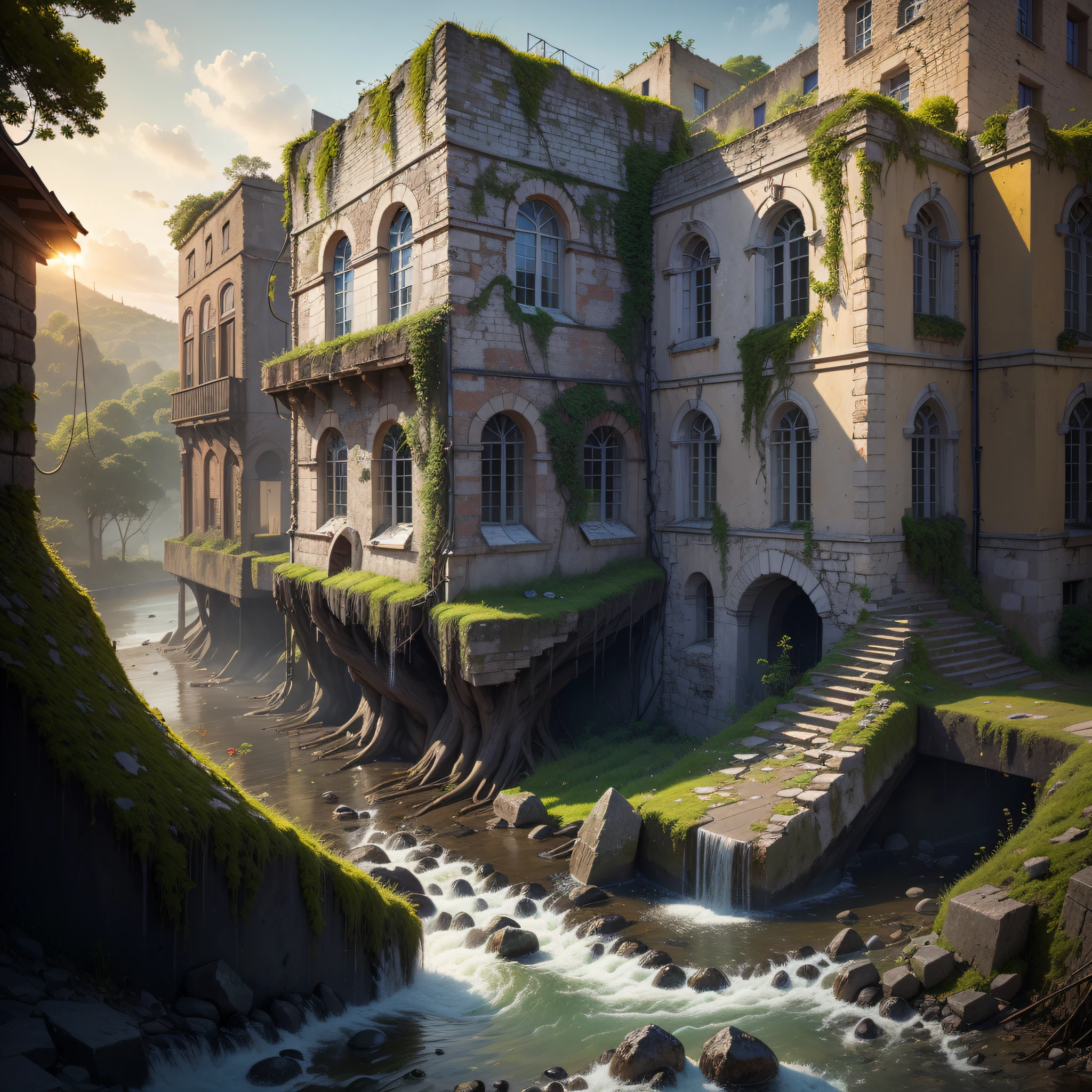 (Numerous award-winning masterpieces, with incredible detail, textures and maximum detail), (hyper realistic:1.4), (realistic:1.3), (best quality real texture skin), (Ruins of a hidden European-style city built of stone in the middle of an unexplored escarpment), (Abandoned European stone town covered with moss and ivy), (Stone townscape where buildings remain but are being returned to nature), (It is still being eroded by beautiful flowing water), (Tree roots and plants crawling on stone walls), Calm skies, rough weather, a shower, clear skies, typhoons, sunsets, sunrises, twilight, morning sunsets,