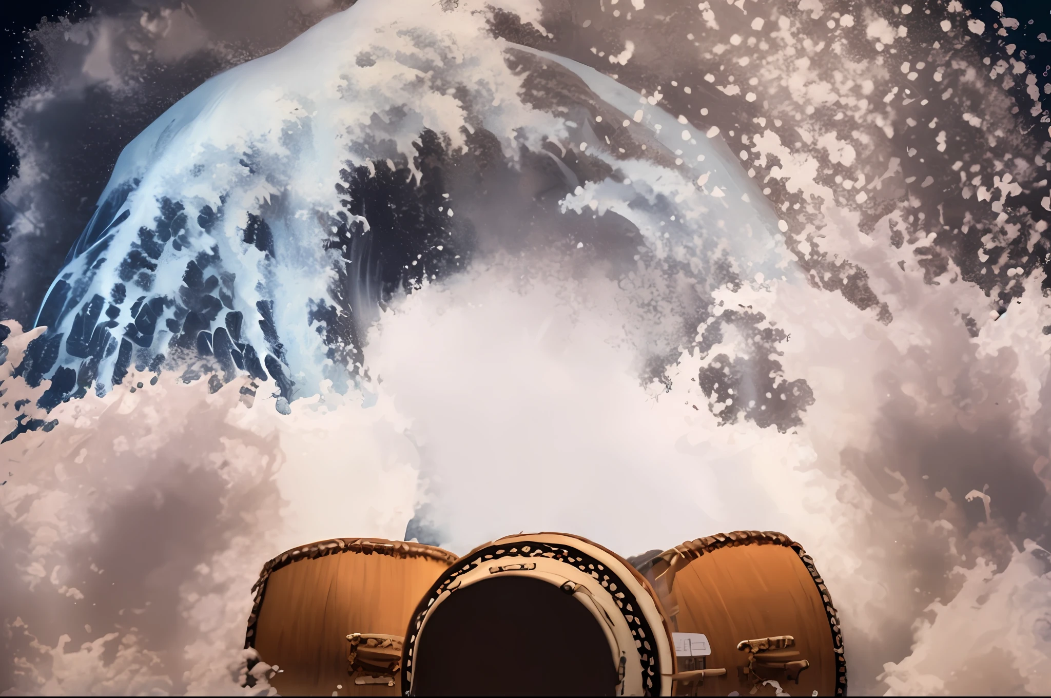 there is a picture of a pair of drums in the water, inspired by Katsuchika Hokusai, inspired by Katsushika Hokusai, great wave of hokusai, inspired by Hokusai, hokusai style, big wave and foam, great wave off kanagawa, katsushika hokusai style, great wave off kanagawa
