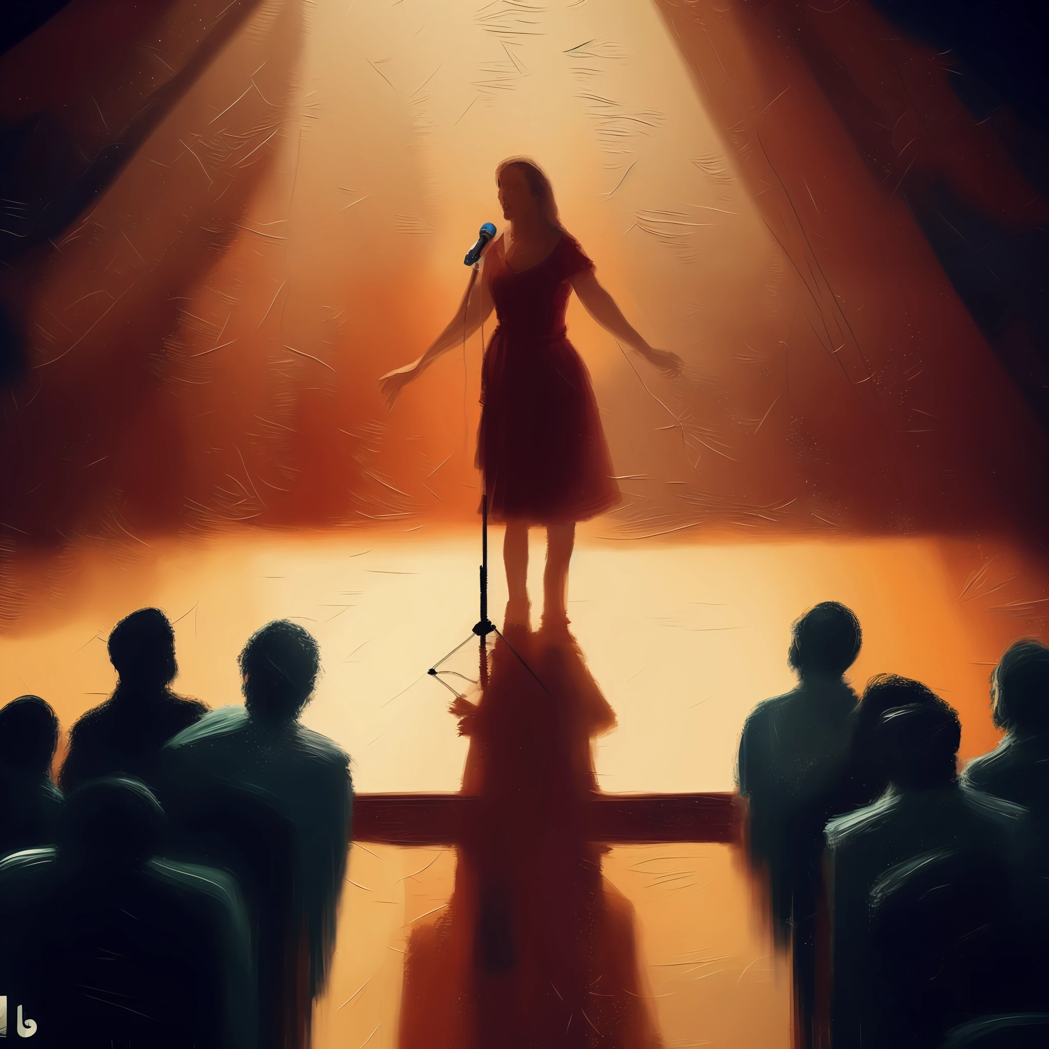 uma mulher em um palco com um microfone com sombras de pessoas que o observam ao estilo de pintura renascentista, estilo de arte da pintura renascentista