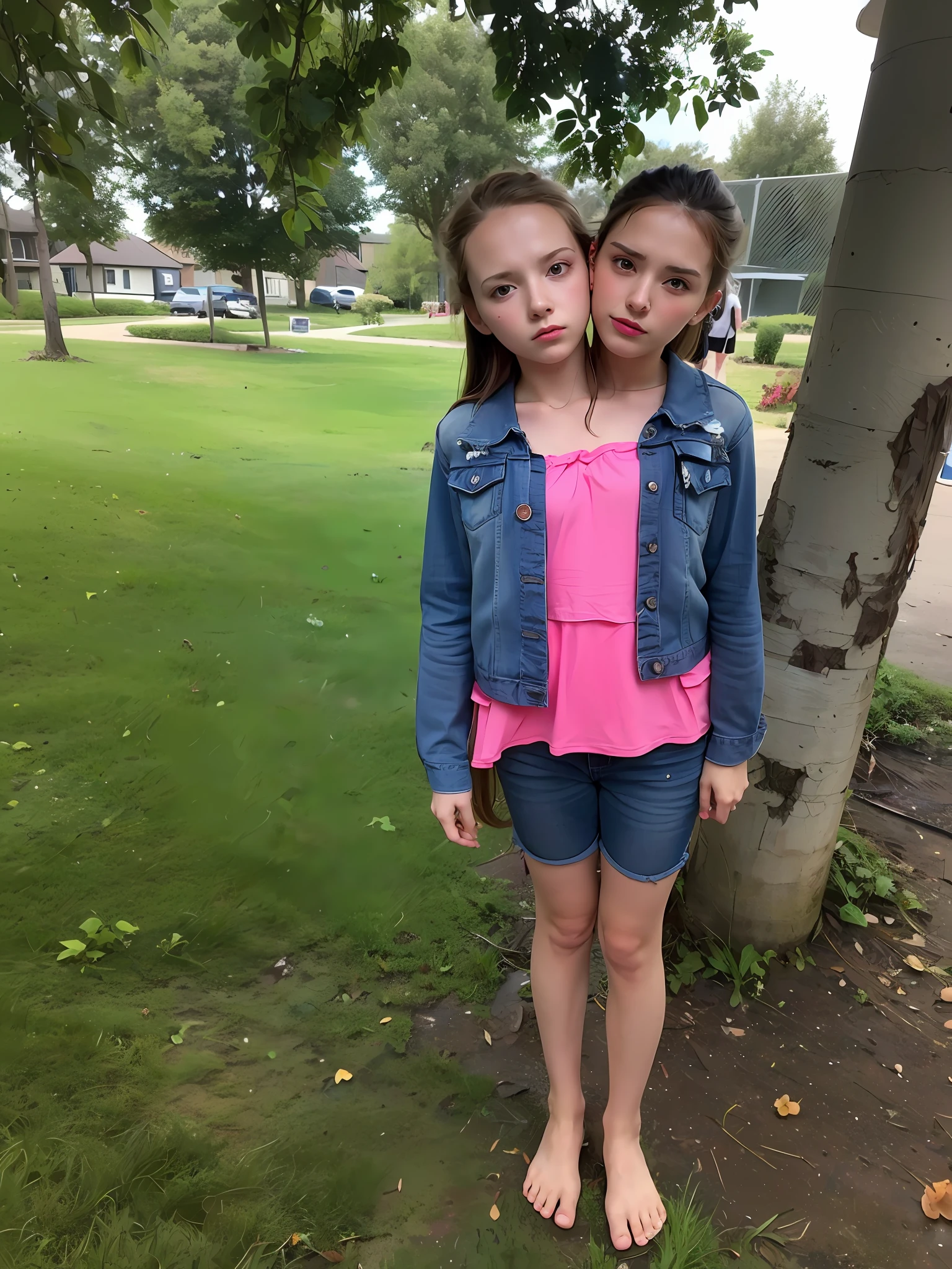 2heads, two headed girl, (one torso:1.5), pale skin, Scottish redhead, teenager, white girls, (two heads on one body:1.4), (first head uncomfortable:1.5), (second head unhappy:1.5) conjoined twins, heads side by side, one torso, young, uncomfortable, barefoot