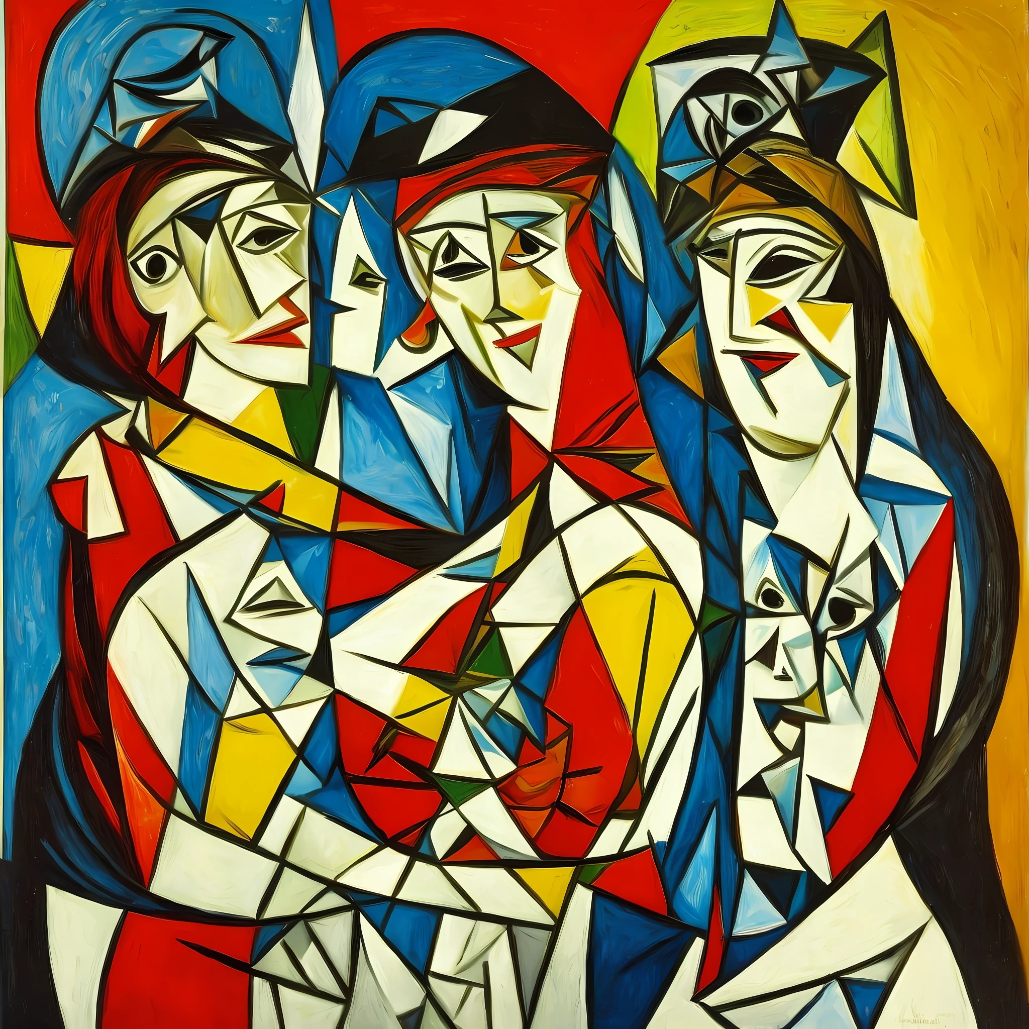 Oil painting of two beautifull women in a closed hugg, olhos fechados, sorrindo de alegria, pinceladas grossas cruas, pablo picasso --auto