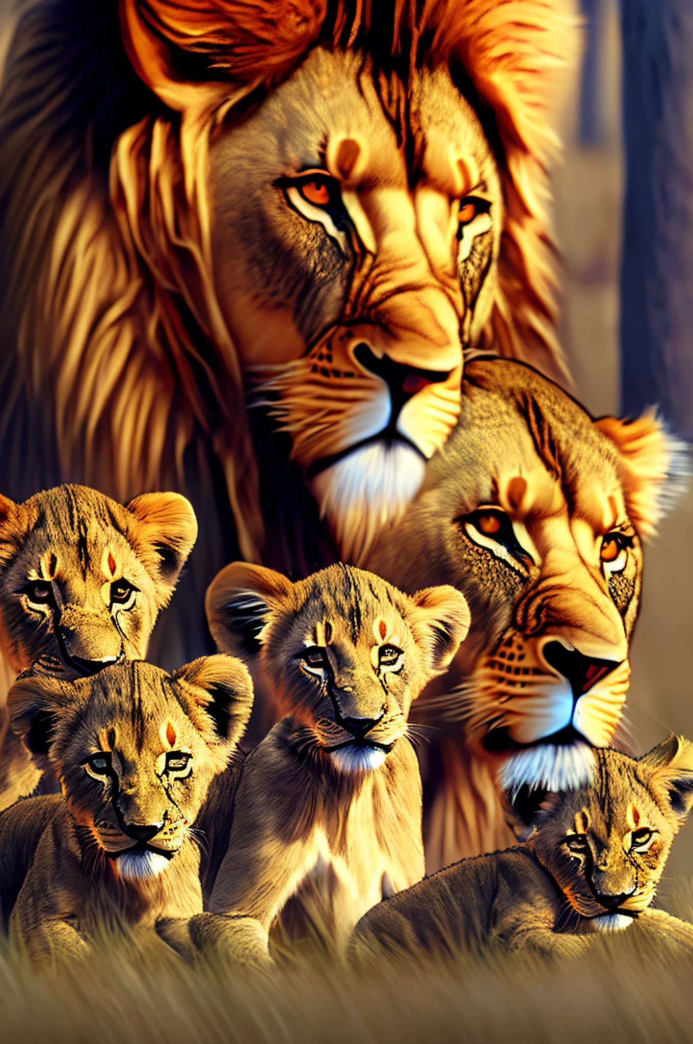 A family of lion and its cubs A lion cub, female lioness without mane, cute in one, lion, mother lioness, father lion, photoreal, photographed using Sony A7RIII camera, photography