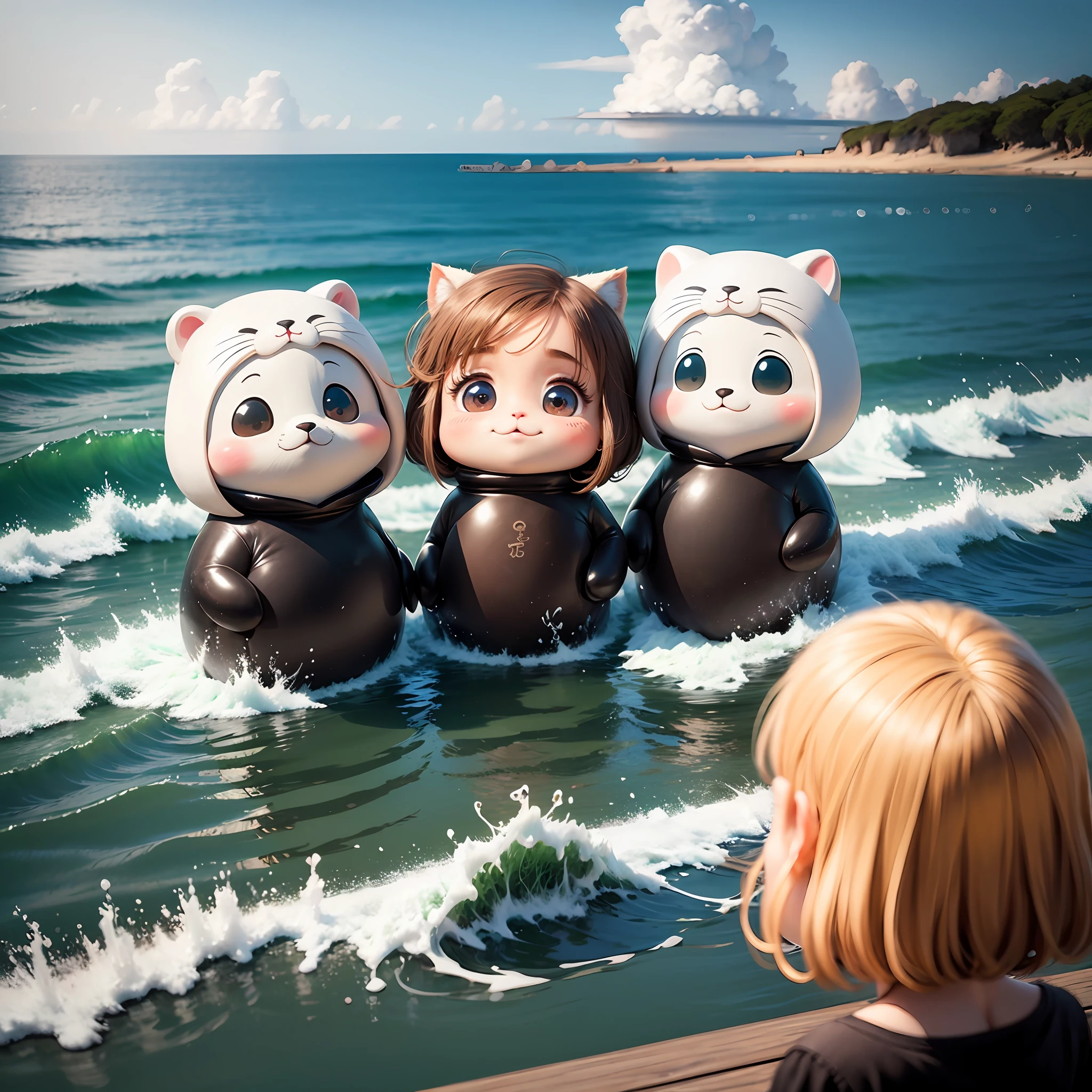 Chibi、blanc、seal､､play､kawaii､pleasant､Sea background､chum、Love､Cute smile、high picture quality､ --auto