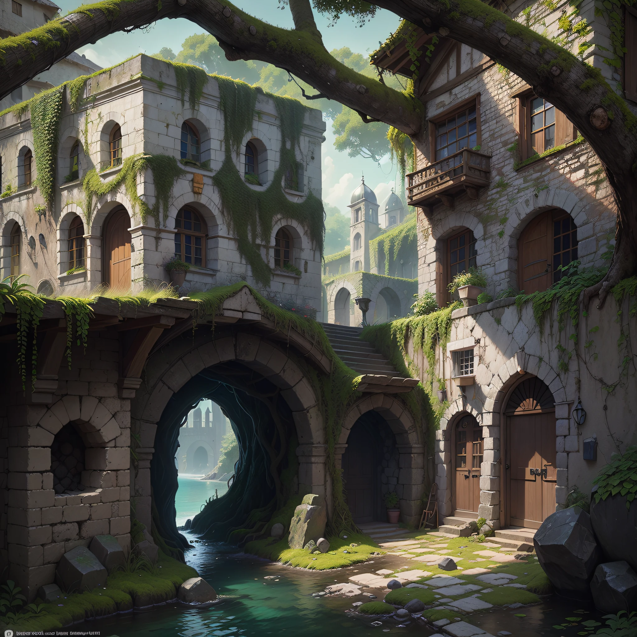 (Numerous award-winning masterpieces, with incredible detail, textures and maximum detail), (hyper realistic:1.4), (realistic:1.3), (best quality real texture skin), (Ruined medieval European stone city), (Stone town covered with moss and ivy), (A stone town that is returning to nature), (Eroded by clear water), (Tree roots crawling on stone walls),