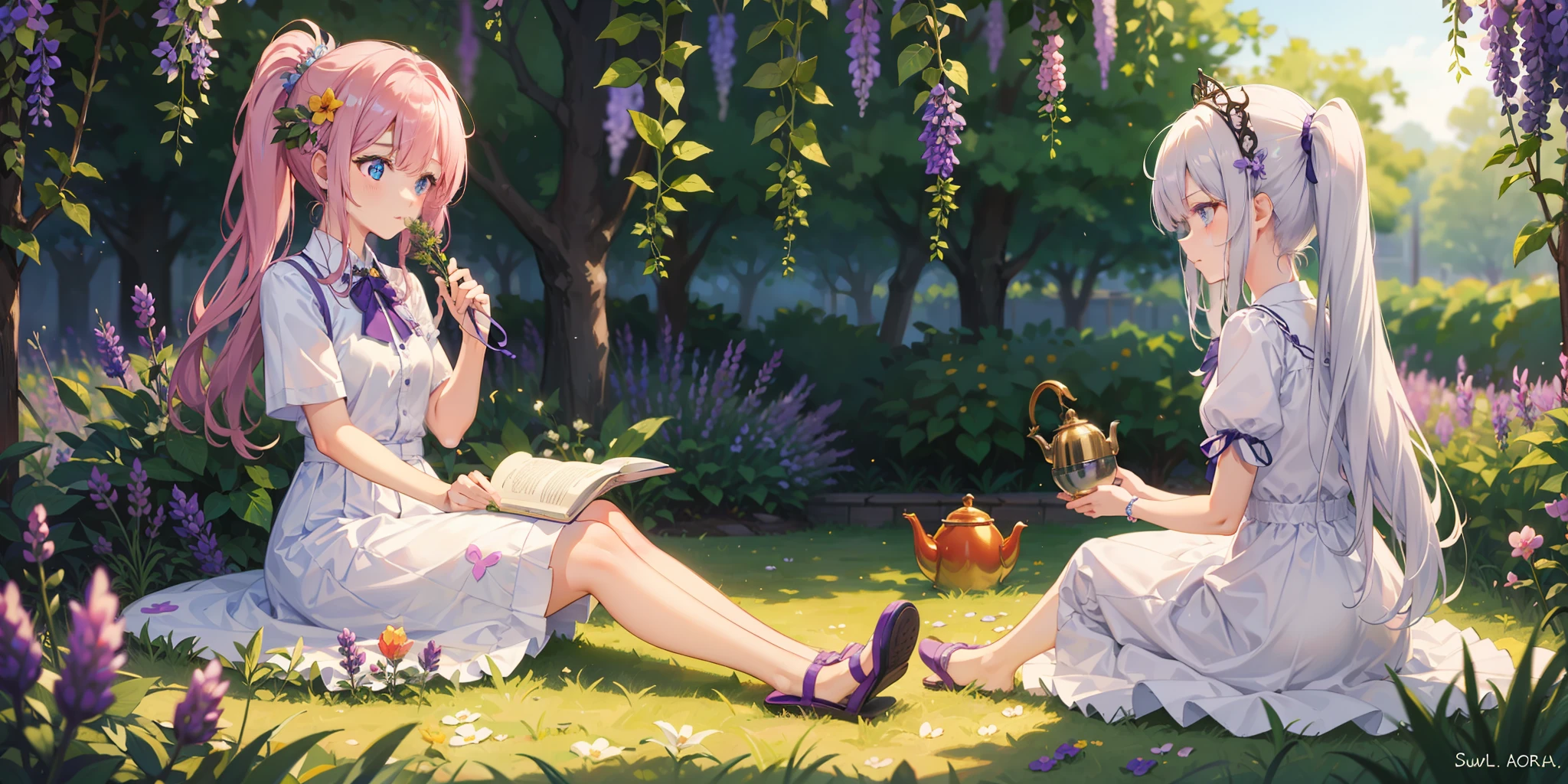Original characters，girls，Light purple single ponytail，blueeyes，Short white skirt，short sleeves，There is a pink heart pattern in the middle of the clothes，Grape tiara，Light green slippers，spring，Flower Garden，Holding a kettle，Grow lavender，sun，Sitting position，Soft light and shadow