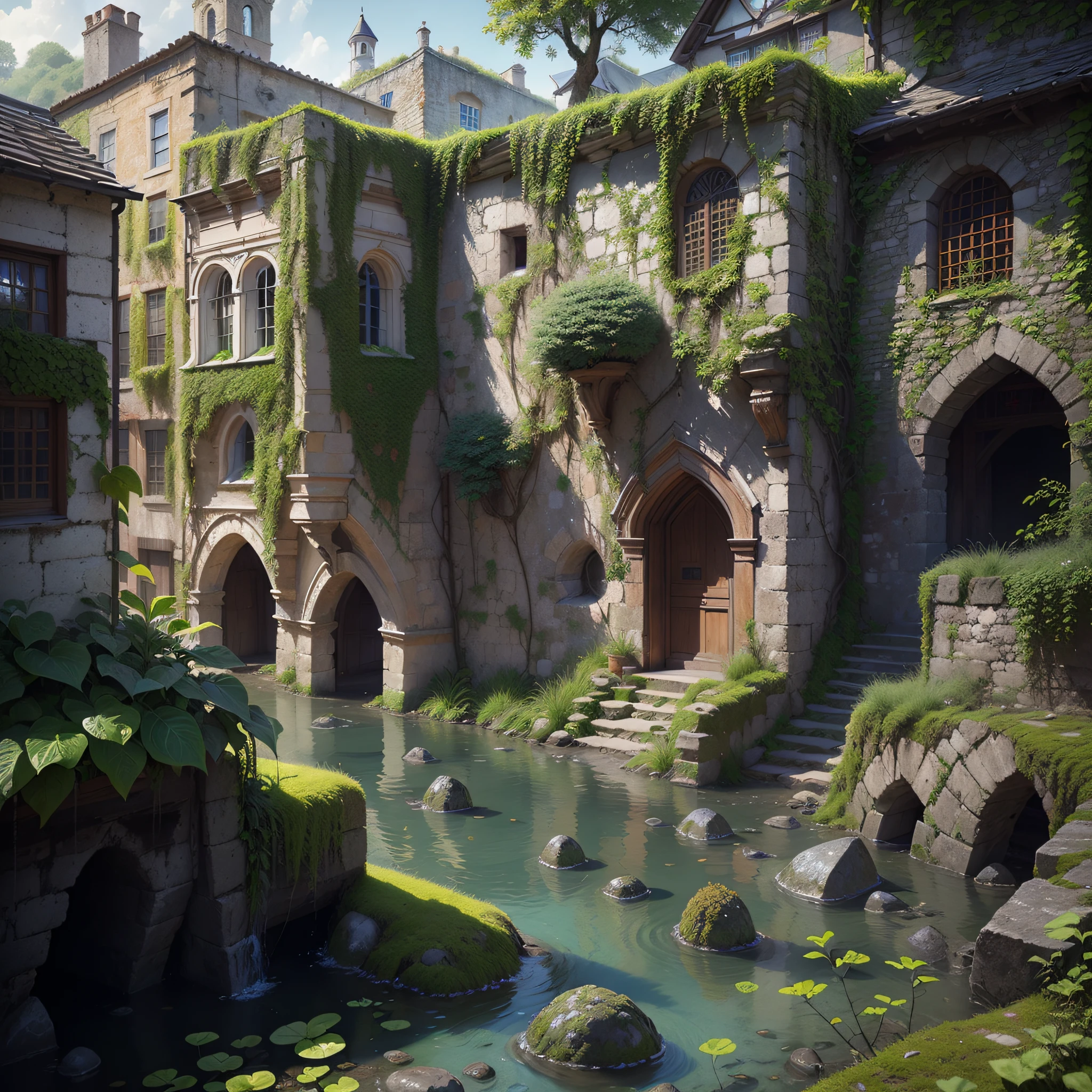 (Numerous award-winning masterpieces, with incredible detail, textures and maximum detail), (hyper realistic:1.4), (realistic:1.3), (best quality real texture skin), (Ruined medieval European stone city), (Medieval stone town covered with moss and ivy), (A medieval stone town that is returning to nature), (Eroded by clear water), (Tree roots, ivy plants and beautiful plants crawling on stone walls),
