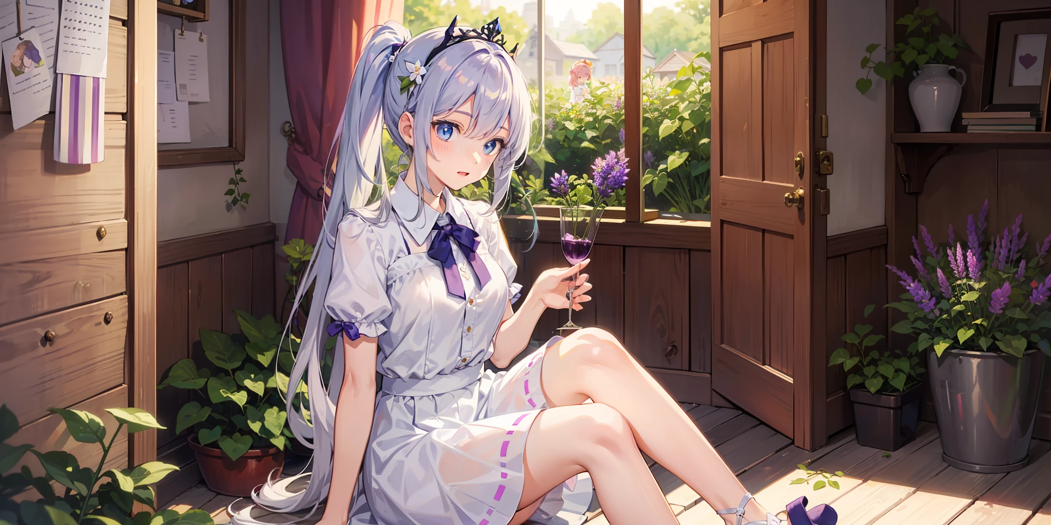 Original characters,girls,Light purple single ponytail,blueeyes,Short white skirt,short sleeves,There is a pink heart pattern in the middle of the clothes,Grape tiara,Light green slippers,spring,Flower Garden,Holding a kettle,Grow lavender,sun,Sitting position,Soft light and shadow