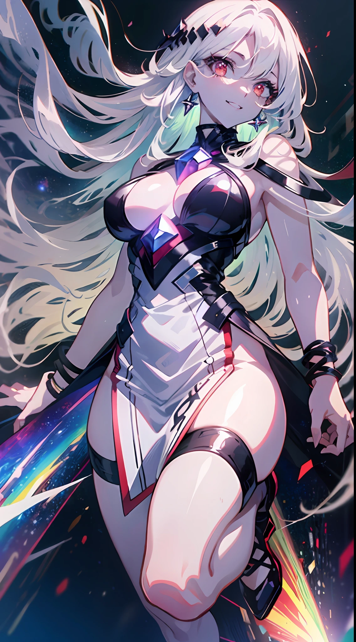 (simple hands:0.5)+(detailed hands:0.7), (masterwork), (best quality), white hair, red eyes,1girl, pale skin, white hair, red eyes, two tone hair, eyelashes, bracelet, jewelry, smile, gleaming skin, shiny hair, detailed and majestic stage, Fantasy, Long Hair, 1 girl, two-tone hair, night sky, Incredibly detailed CG illustration masterpiece, looking at you, anime, beautiful anime eyes, beautiful detailed eyes, eyes, glittering eyes, red eyes, galaxy, nebula, (full body), (curvy),