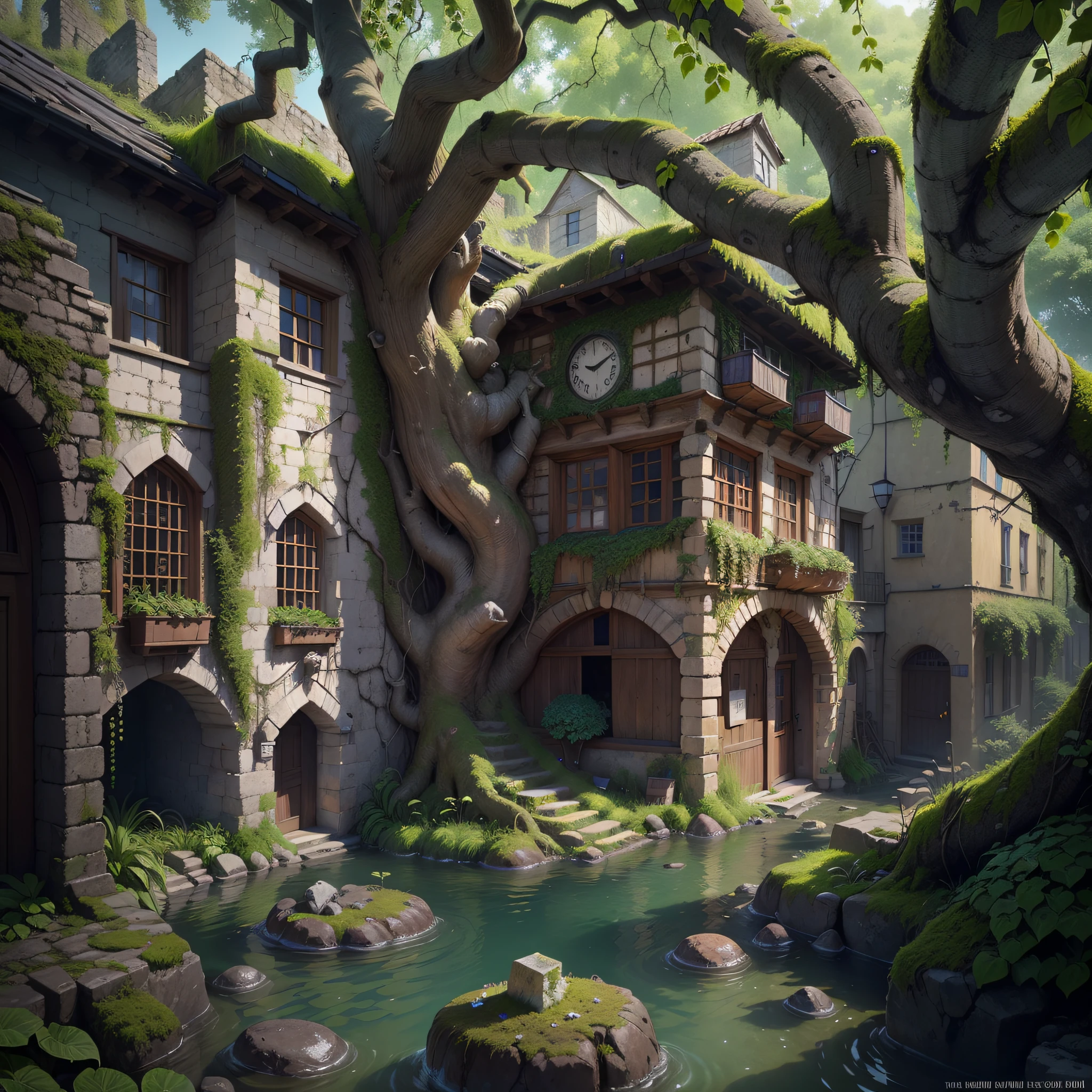 (Numerous award-winning masterpieces, with incredible detail, textures and maximum detail), (hyper realistic:1.4), (realistic:1.3), (best quality real texture skin), (Ruined medieval European stone city), (Medieval stone town covered with moss and ivy), (A medieval stone town that is returning to nature), (Eroded by clear water), (Tree roots, ivy plants and beautiful plants crawling on stone walls),