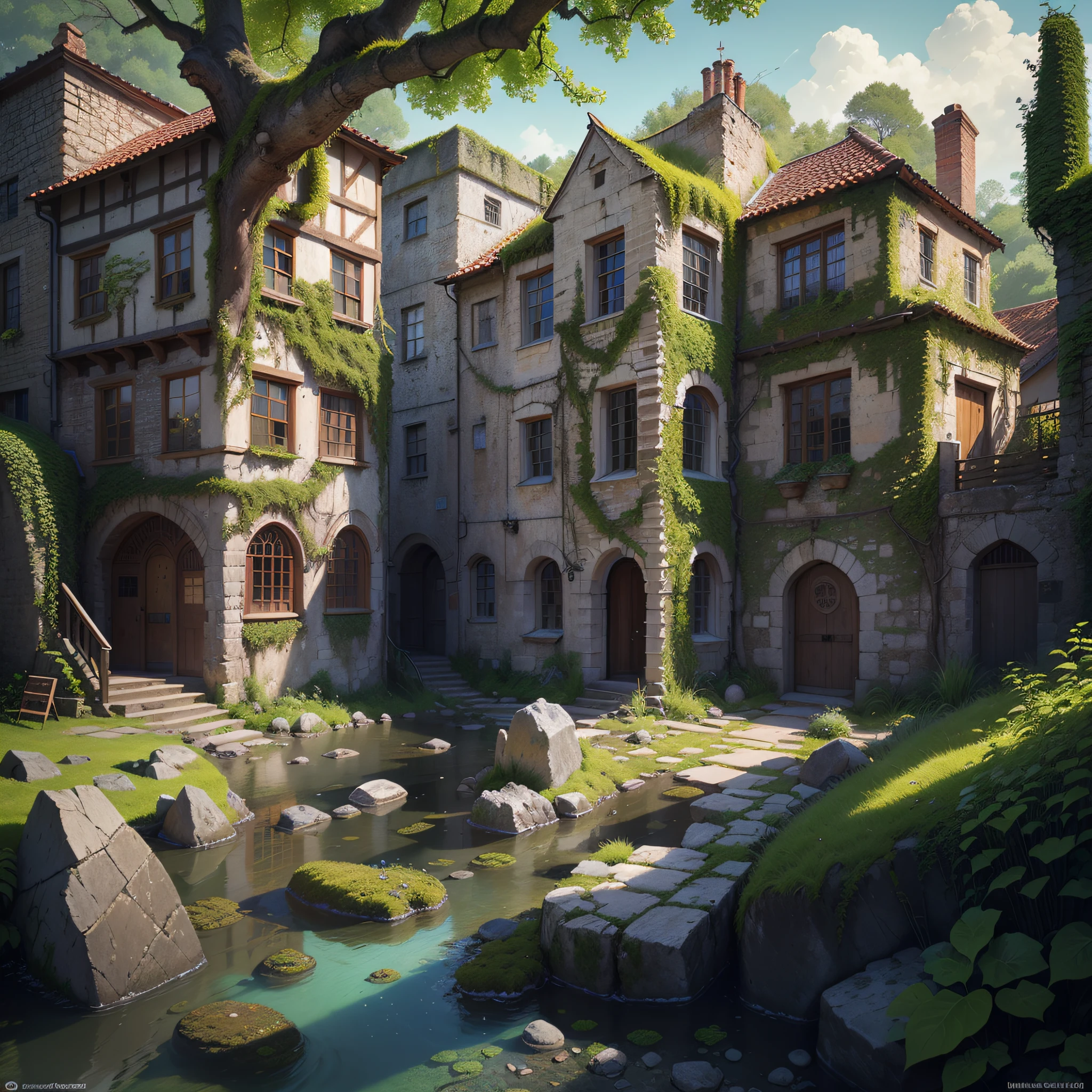 (Numerous award-winning masterpieces, with incredible detail, textures and maximum detail), (hyper realistic:1.4), (realistic:1.3), (best quality real texture skin), (Ruined medieval European stone city), (Medieval stone town covered with moss and ivy), (A medieval stone town that is returning to nature), (Eroded by clear water), (Tree roots, ivy plants and beautiful plants crawling on stone walls),