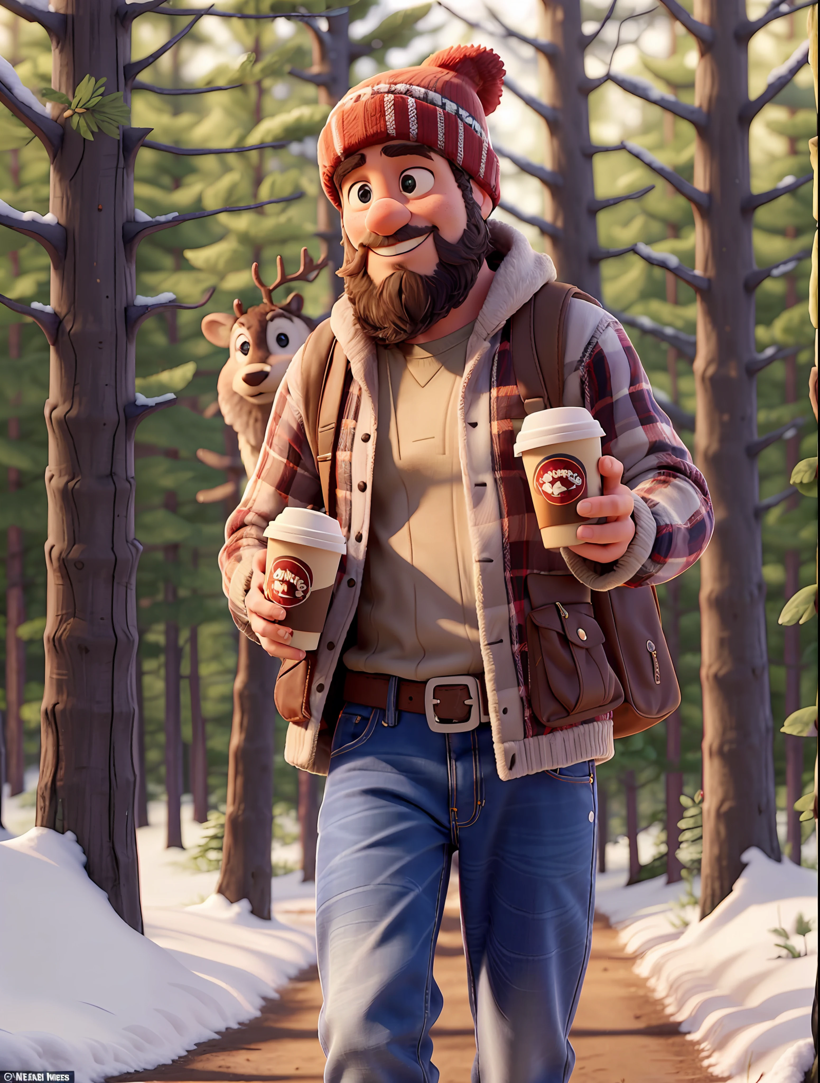 An extremely patriotic Canadian male with a full beard, wearing a tuque, Buffalo plaid flannel, jeans and some brown Timberland boot, as he holds a Tim Hortons red coffee cup, holding his hand out saying cheers to the camera, in the snowy mountains nature, blurred background, moose in the background, deer, bears, shallow depth of field, cinematic light, soft light, backlit, micro-details, photorealism, photorealistic, cinematic, 85mm 1.4