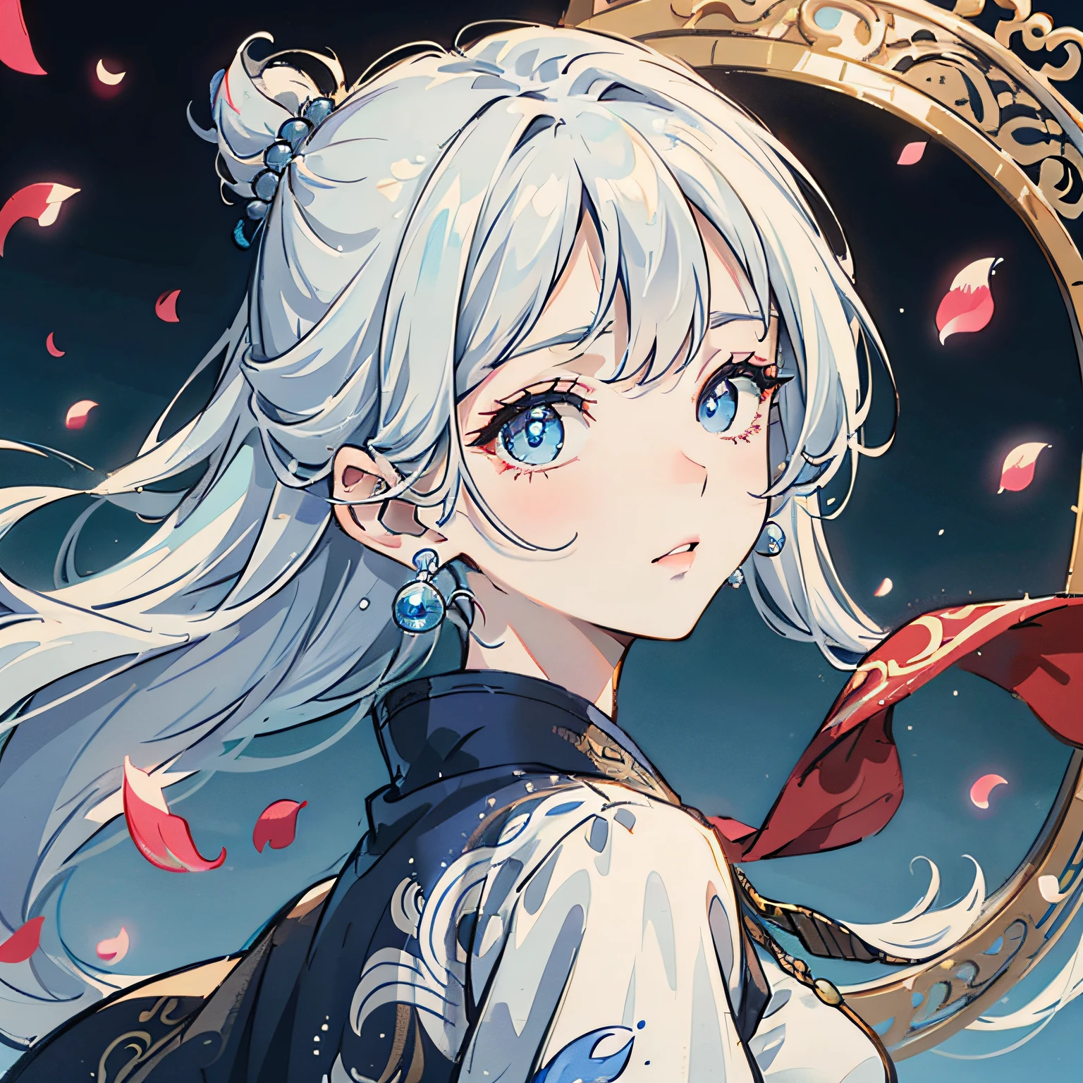 Mature girl, blue eyes, blue-white hair color, floating hair, delicate and flexible eyes, intricate damask Hanfu, gorgeous accessories, wearing pearl earrings, FOV, f/1.8, masterpiece, ancient Chinese architecture, blue sky, flower petals flying, front portrait shot, Chang'e, side lighting, sunlight on people, 8K --auto