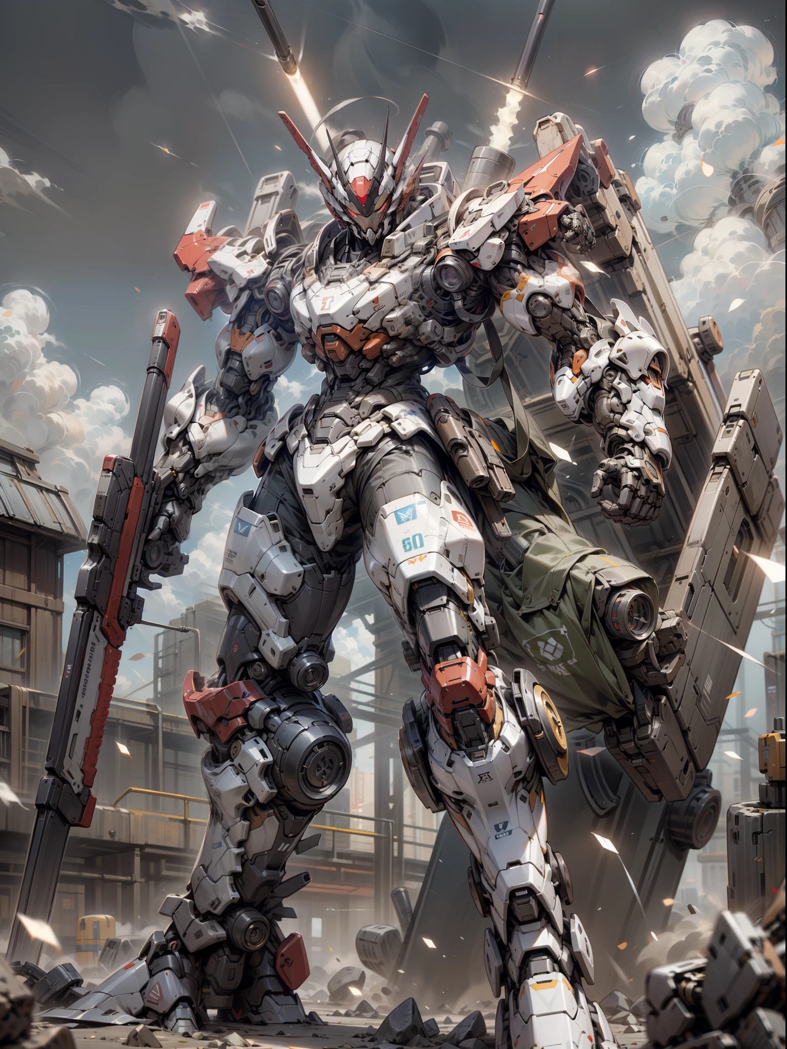 ((best-quality)), ((Masterpiece)), (RAWExtremely detailed: 1.3), 8K，Cool painting，It's sci-fi，Red Gunsmith，Red tank armored division with huge shields，Red，Red mech，Reloaded up to the MK2，Red mech，The mask covers the face，Holding a shield in the air，Red super large mechanical shield，Heavy weapons，Heavy machine gun，Sniper rifle，cannon，Gatling guns were scattered on the ground，Carrying a weapon and a firearm，Pistol again at the waist，Sniper rifle in the back again，Super cool tank armor，God of weapons，Gundam humanoid mech，anime mecha aesthetic，Perfect body proportions，Heads-up view，standing pose，Military giant mech，missile，rock，Future technology，realistness，There are dark clouds in the sky，Dark black war background，rim light，raytracing，Light particles，NVIDIA Trtx， Super-Resolution，Unreal 5，sub-surface Scattering，Specular and albedo maps，trichotomy，Large aperture，Battle Pose, 8K RAW，Efficient subpixels，Subpixel convolution，Light particles，Light scattering，Tyndall effect，raytracing.