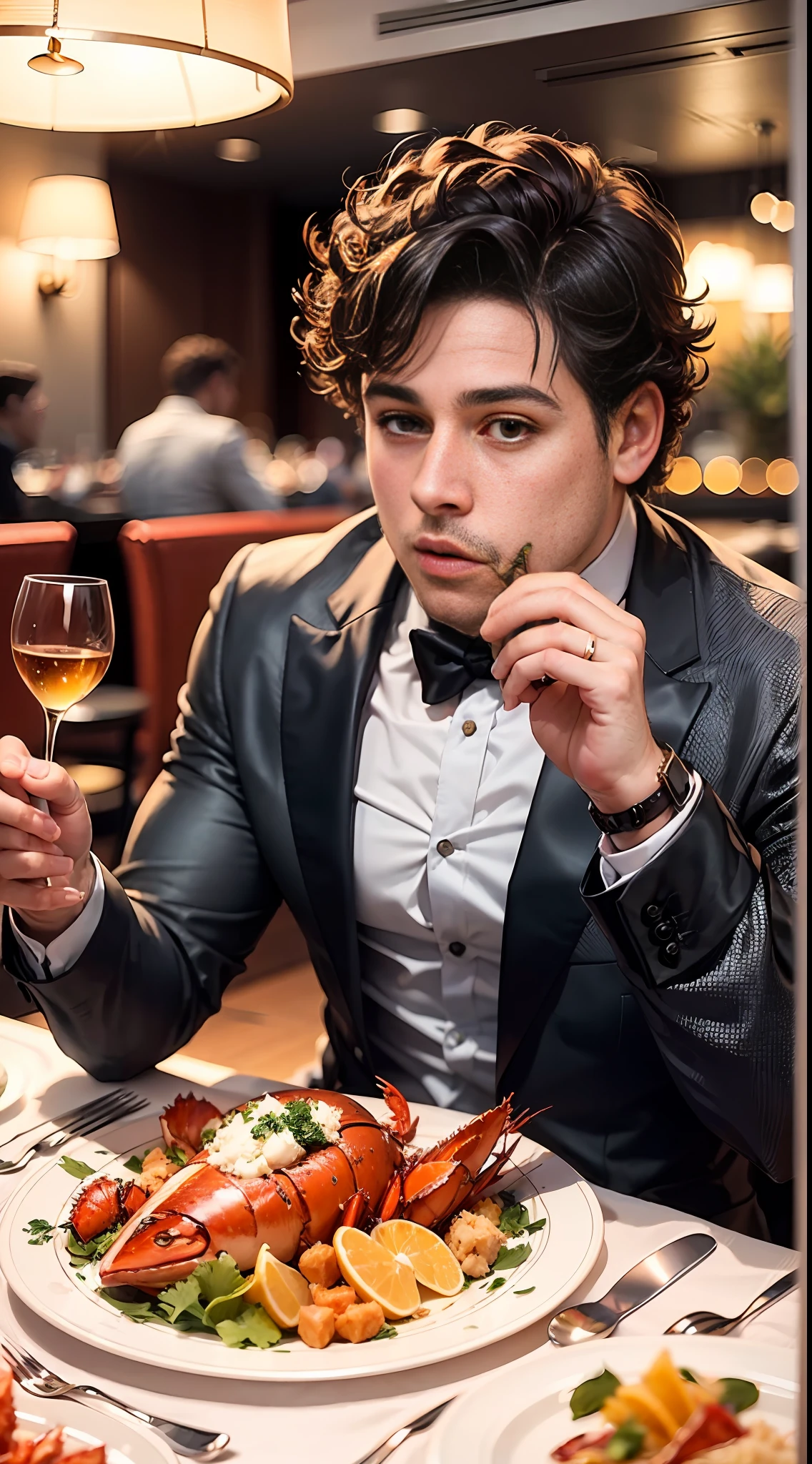 29 year old Australian guy, short curly hair, hair like Jonah hill, clean shaven, well dressed, eating in extravagant restaurant, eating lobster, luxurious place,