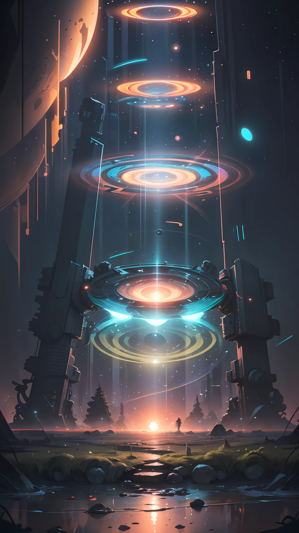 Imagine a concrete wall where a large photoplasmic circle appears in the form of an interplanetary portal, inside a forest with radiant neon lights. around circle reflective waves of liquid Chrome, realistic bedroom environment, wide angle side view, fast shutter speed 1/500, aperture f/12, Cinema 4D, Masterpiece, 8k, HR, HQ, 4D, bokeh - -ar 3:2 4c --auto --s2