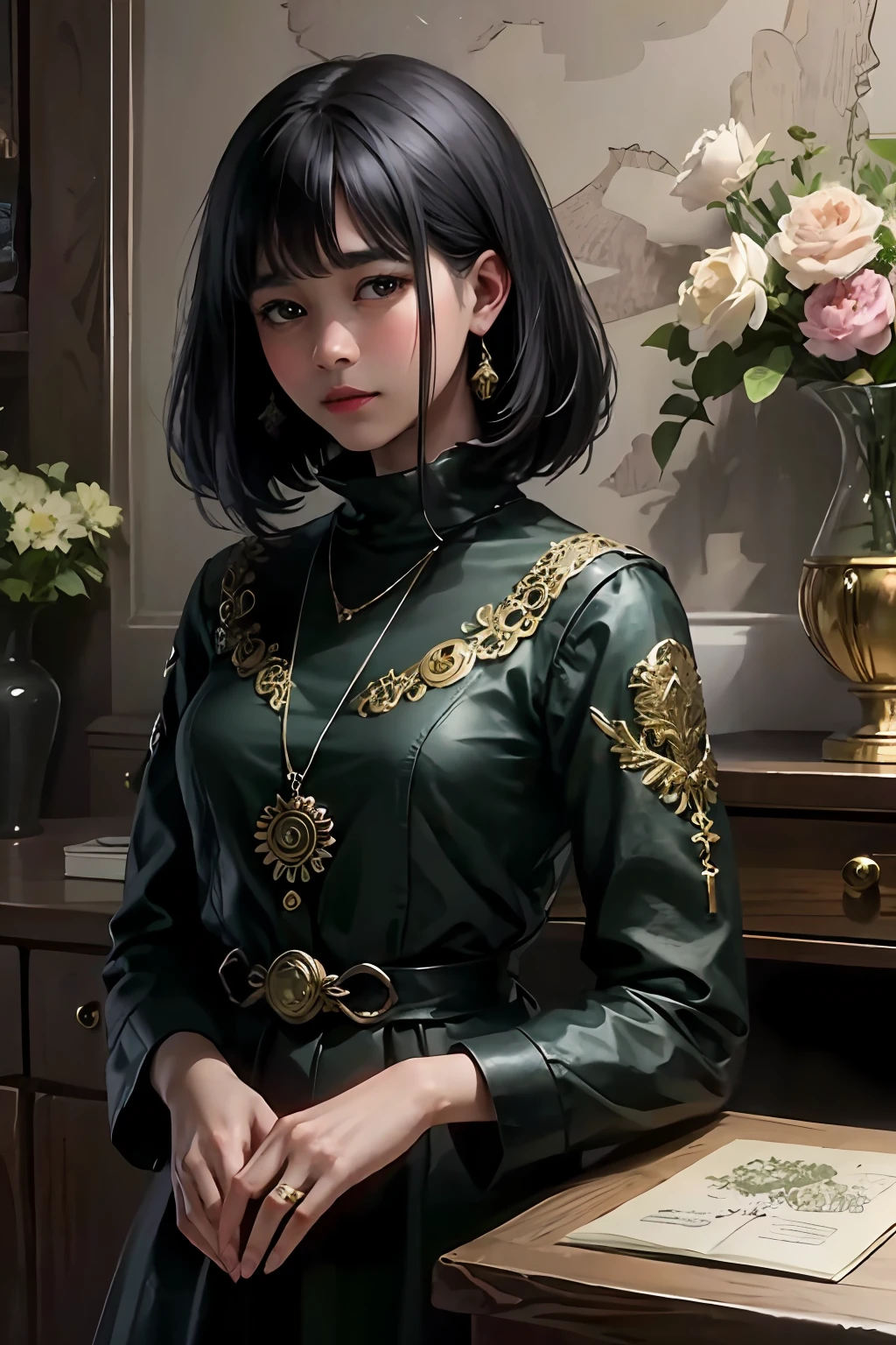 dress、baby face、small breasts、short black hair、19-year-old girl、(master masterpiece、best-quality、best-quality、Official Art、Beautiful and aesthetic:1.2)、(1girl)、Extreme Details、colorfull、Supreme Details、Official Art、unity 8k wallpaper、super-detailed、Beautiful and aesthetic、lovely、master masterpiece、best-quality、(Zentangle、Mandala、tangle、entanglement)、Sacred Light、Gold leaf、Gold leaf art、Glitter painting、PerfectNwsjMajmagic