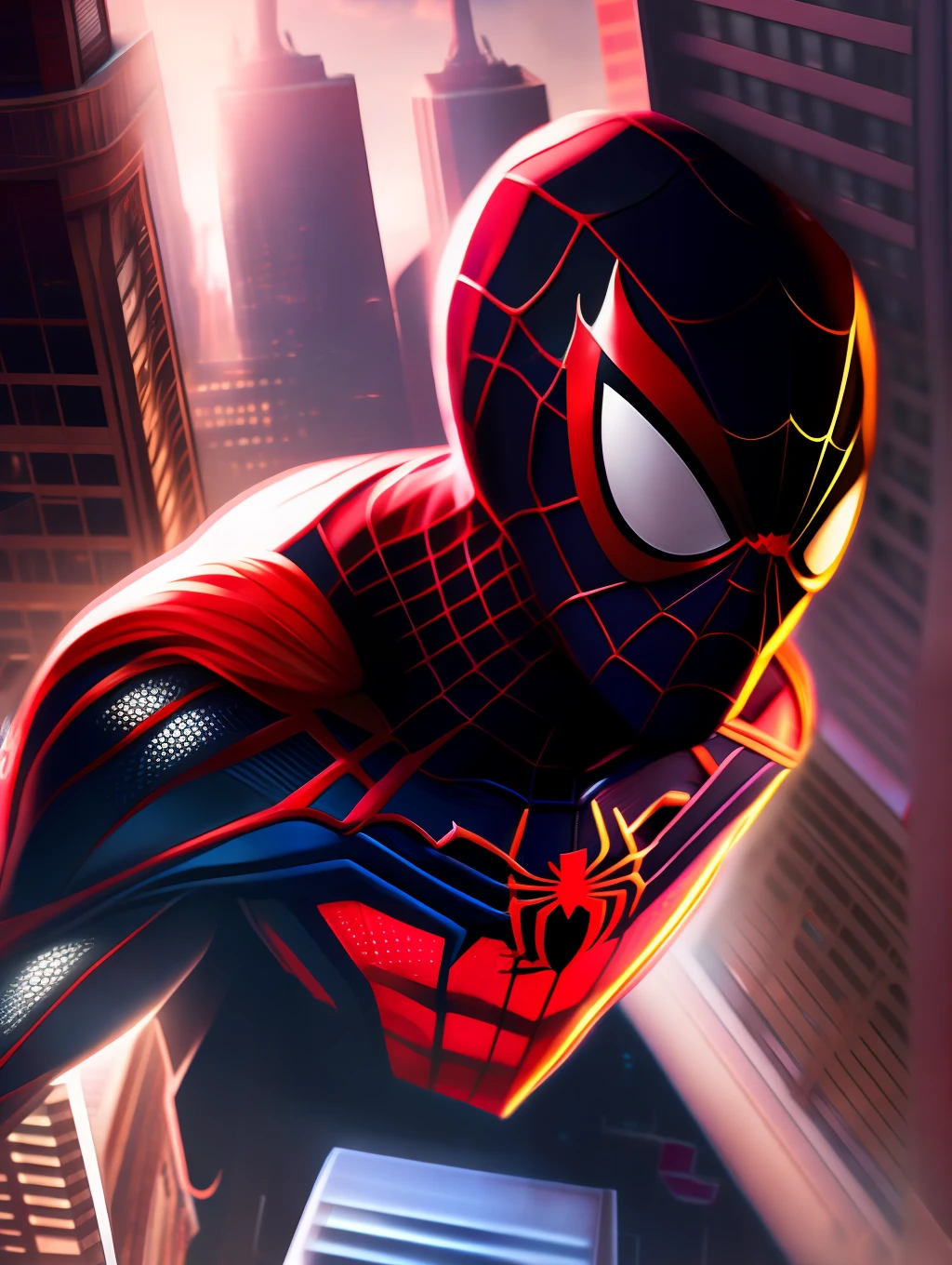 "1. Create an image of Spider-Man's Miles Morales
2. Position him atop a towering building
3. Use a lower camera angle for added impact."