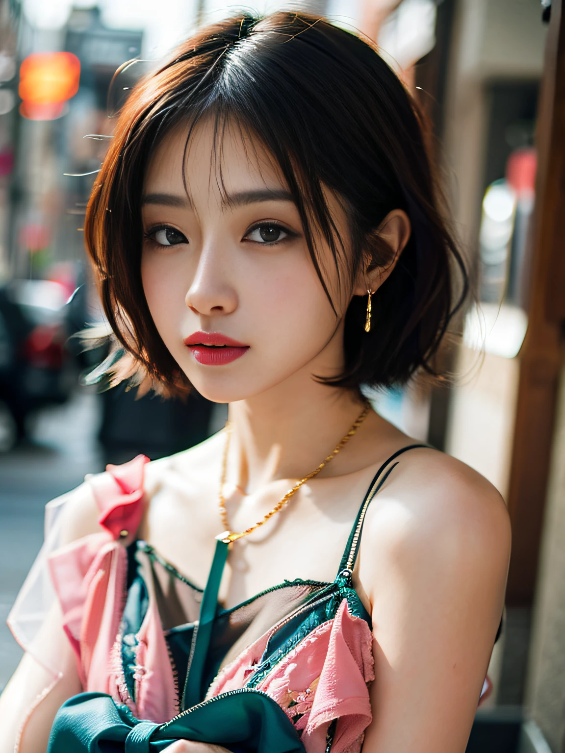 hkgirl, sun dress, short hair,  Random posture, (An extremely delicate and beautiful work), (masterpiece), 1girl, a girl in a pink dress, highly detailed, waist leaking, charming expression, beautiful and clear eyes, green eye pupil, delicate necklace, delicate earrings, fairy ears, simple blurred background, extreme detail description, beautiful, charming,  (ulzzang-6500-v1.1:0.5) , (pureerosface_v1:0.5)