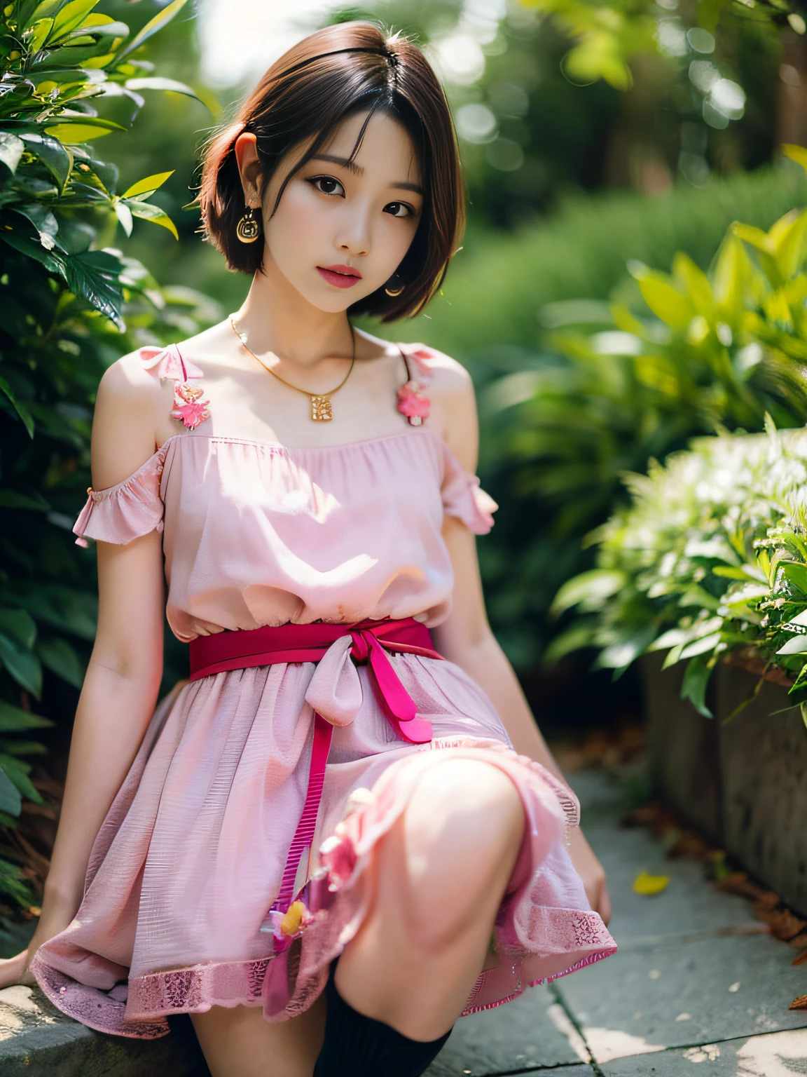 hkgirl, sun dress, short hair, Random posture, (An extremely delicate and beautiful work), (masterpiece), 1girl, a girl in a pink dress, highly detailed, waist leaking, charming expression, beautiful and clear eyes, green eye pupil, delicate necklace, delicate earrings, fairy ears, simple blurred background, extreme detail description, beautiful, charming, (ulzzang-6500-v1.1:0.5) , (pureerosface_v1:0.5)