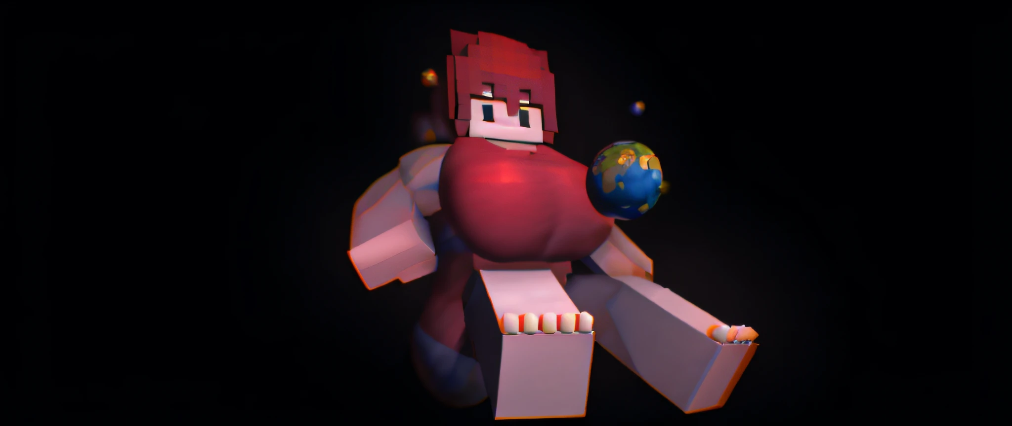 There is a Minecraft girl holding a globe in her hand, ( ( ( ( 3 d render ) ) ) ), bryce 3 d style, ( ( 3 d render ) ), high quality art, 4 k octan render, aesthetic octane render!, minecraft high guality 3d rendering, webgl render, Friday night funkin GF, huge breasts, bursting breasts, buff, big muscles, thick arms, big biceps, big deltoids, big trapezius, abs, obliques, midriff, thick thighs, muscular/strong legs/thighs, muscular/strong calves, showing abs, smiling, masterpiece, high quality