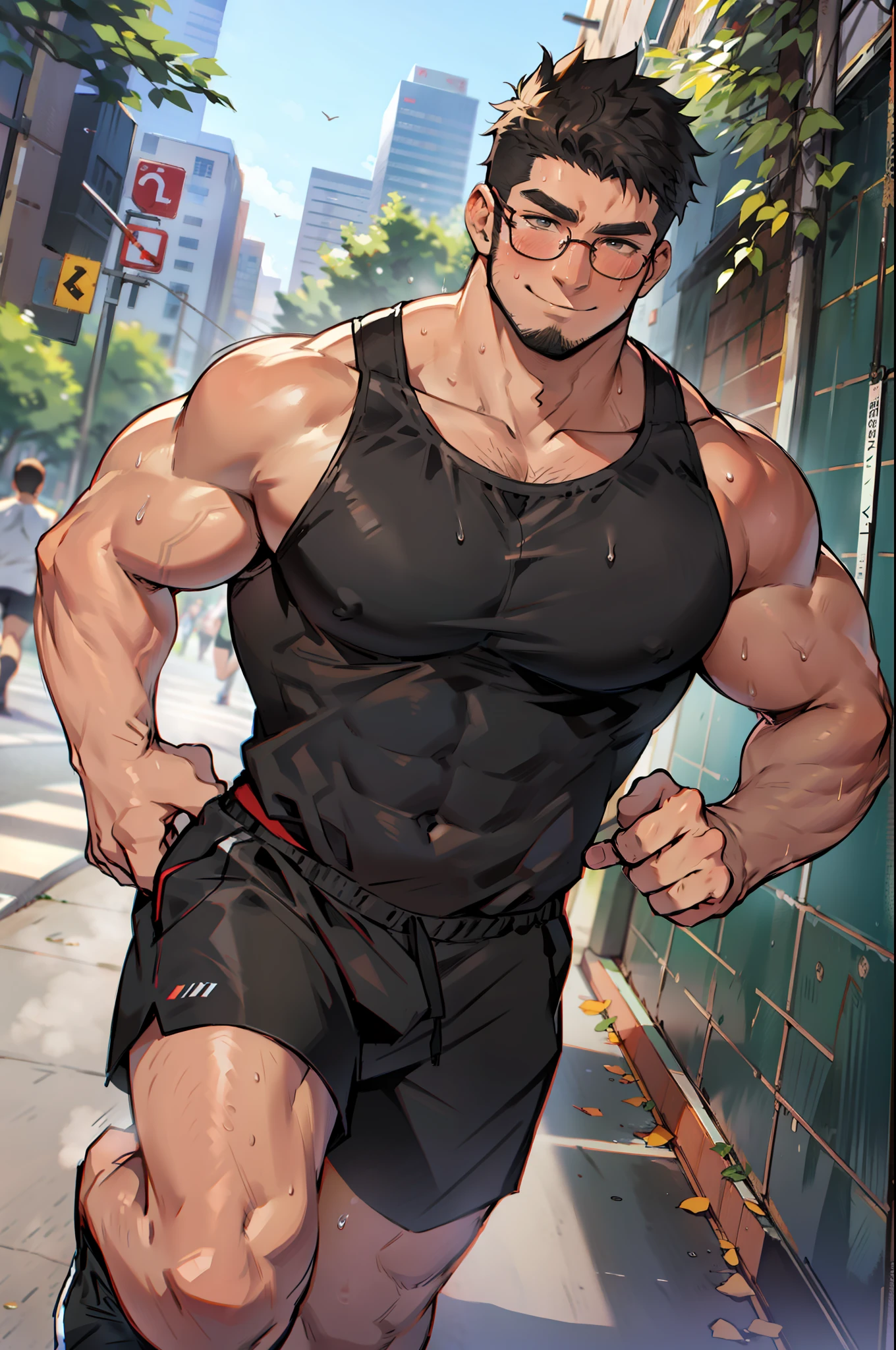 4k, masterpiece, high resolution:1.2, 1 man, 42 year old, solo, bara, muscular!!!, really tall, big physique (beast), hairy body, crew cut hair, facial hair, black hair, cute smile, friendly, running in a park, wearing red running shorts, wearing a big long black tank top, sweaty body, wearing glasses, ultra detailed, flat style