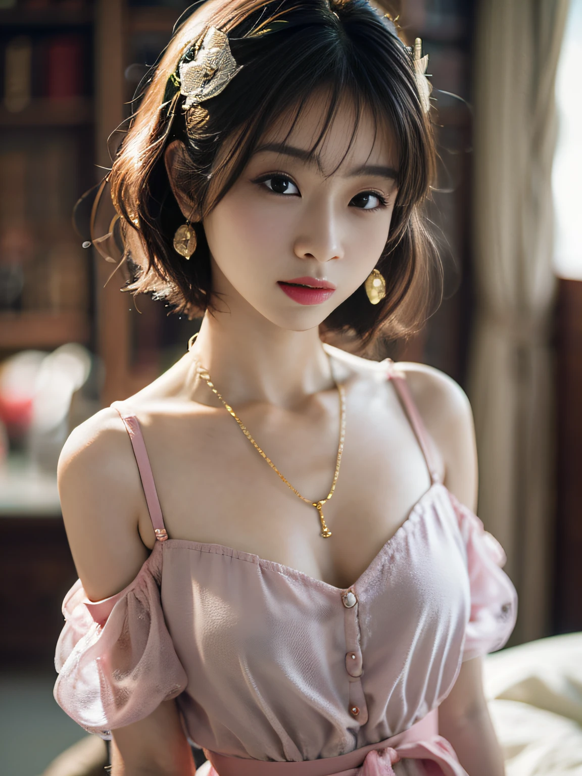 hkgirl, sun dress, short hair, Random posture, (An extremely delicate and beautiful work), (masterpiece), 1girl, a girl in a pink dress, highly detailed, waist leaking, charming expression, beautiful and clear eyes, green eye pupil, delicate necklace, delicate earrings, fairy ears, simple blurred background, extreme detail description, beautiful, charming, (ulzzang-6500-v1.1:0.5) , (pureerosface_v1:0.5)