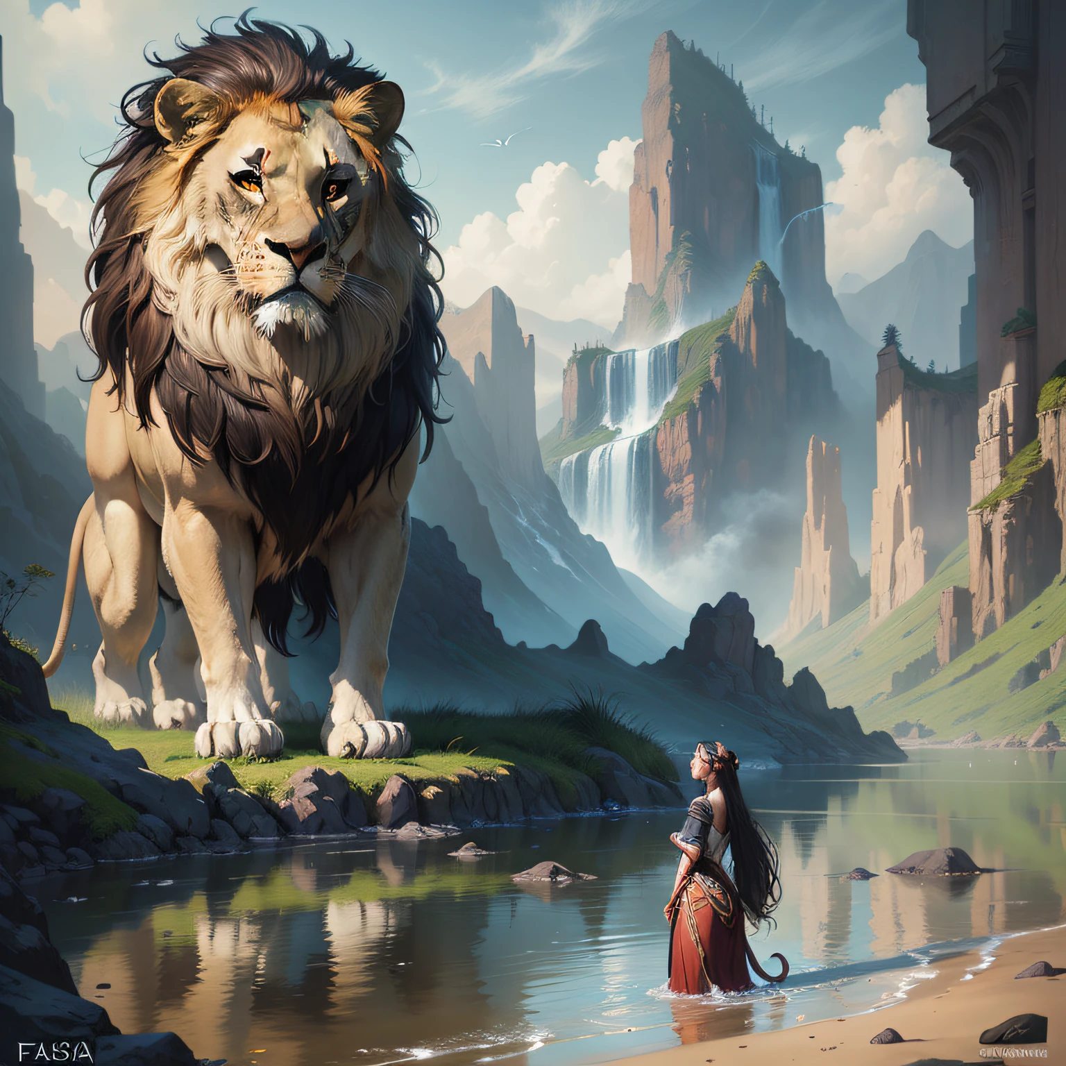 There is a woman standing in the water with a waterfall in the background, A lion protecting the woman in the water, epic fantasy digital art, arte de fantasia 4k, pintura fosca de alta fantasia, pintura fosca surreal, dramatic matte painting, epic fantasy digital art, inspirada em Christophe Vacher, dramatic fantasy art, pintura fosca de fantasia, breathtaking fantasy art, dramatic concept art, arte de fantasia 8k, pintura digital fosca