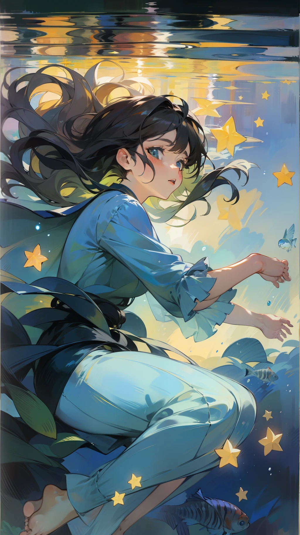 Claude Monet and Renoir painted dark-haired woman, underwater, floating hair, stars, bare feet