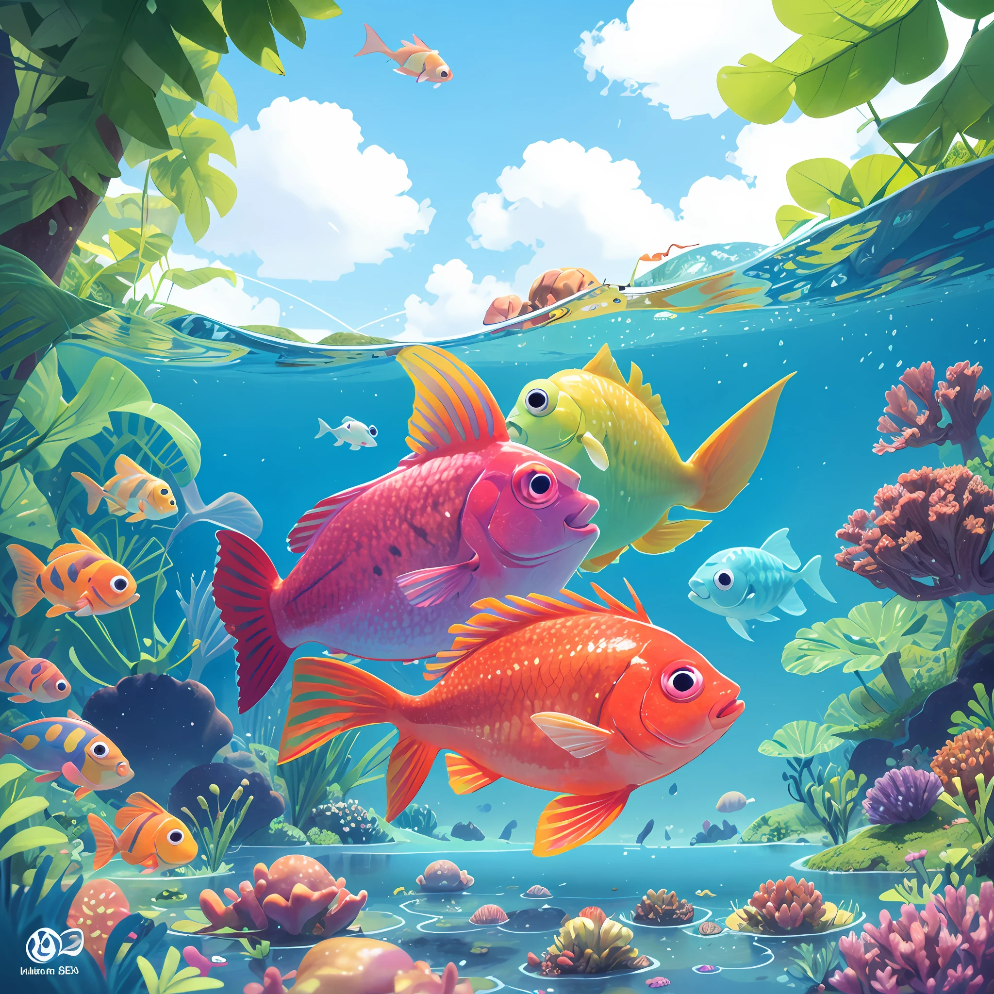 Illustration of a colorful fish on the seabed looking at the blue sky for children's book